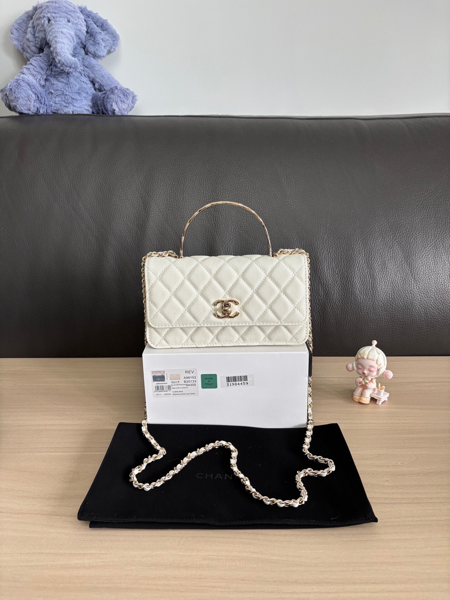 Chanel Top Handle Flap Bag White Caviar Quilted Gold-Tone Metal