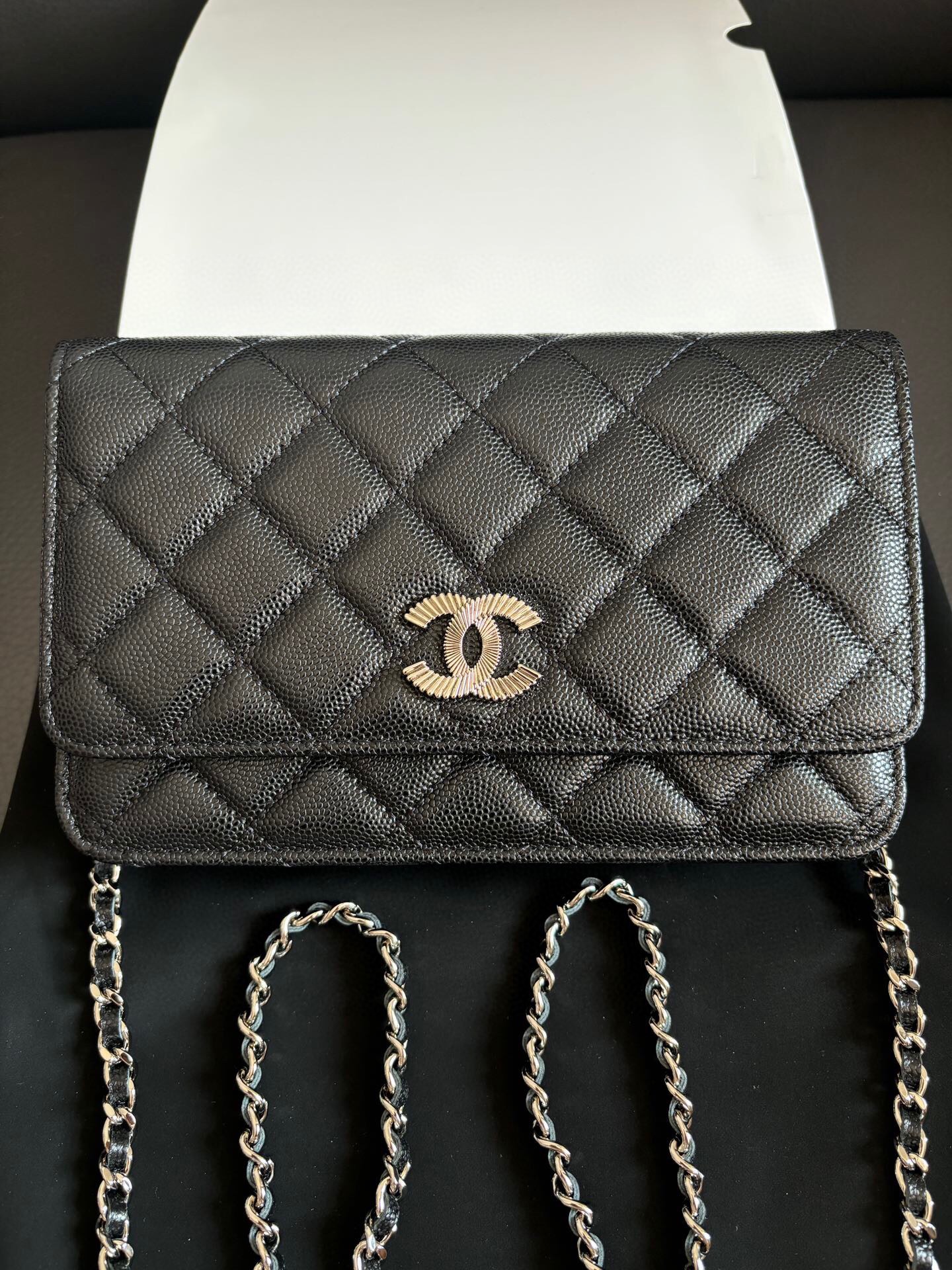 Elegant Chanell Black Quilted Leather Wallet on Chain Crossbody Bag