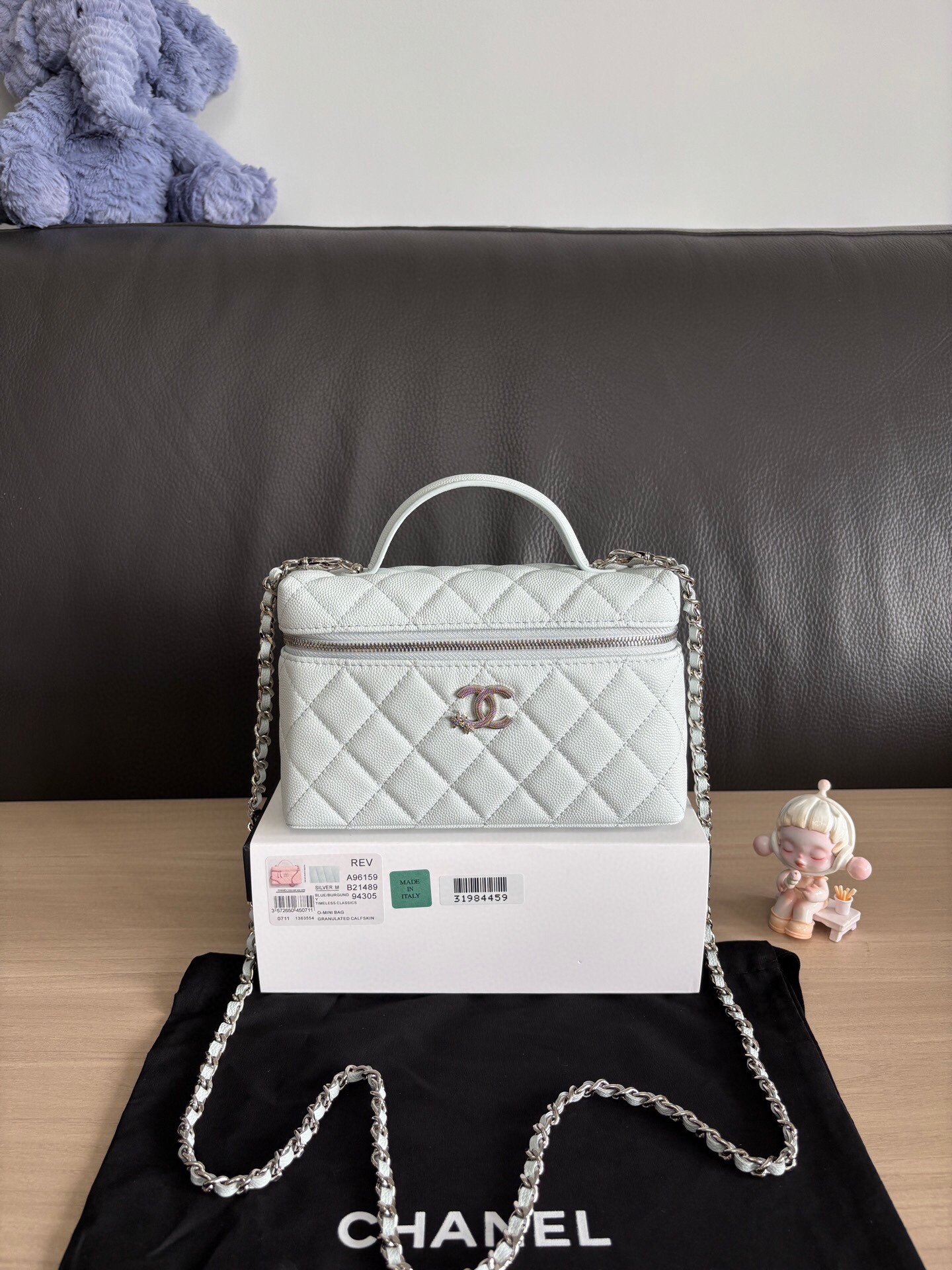 Chanel Quilted Leather Vanity Bag with Chain Strap - Light Blue