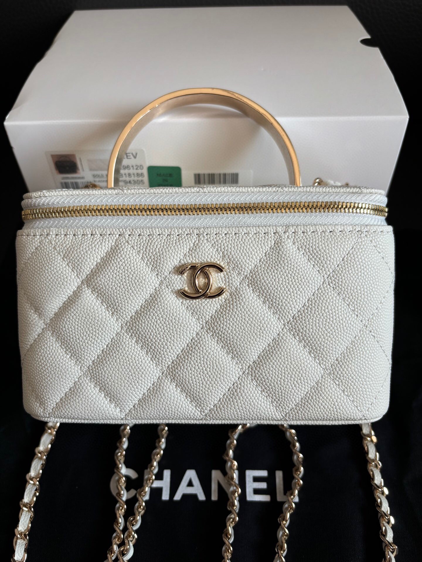 Chanel Quilted White Caviar Leather Vanity Case with Chain Strap