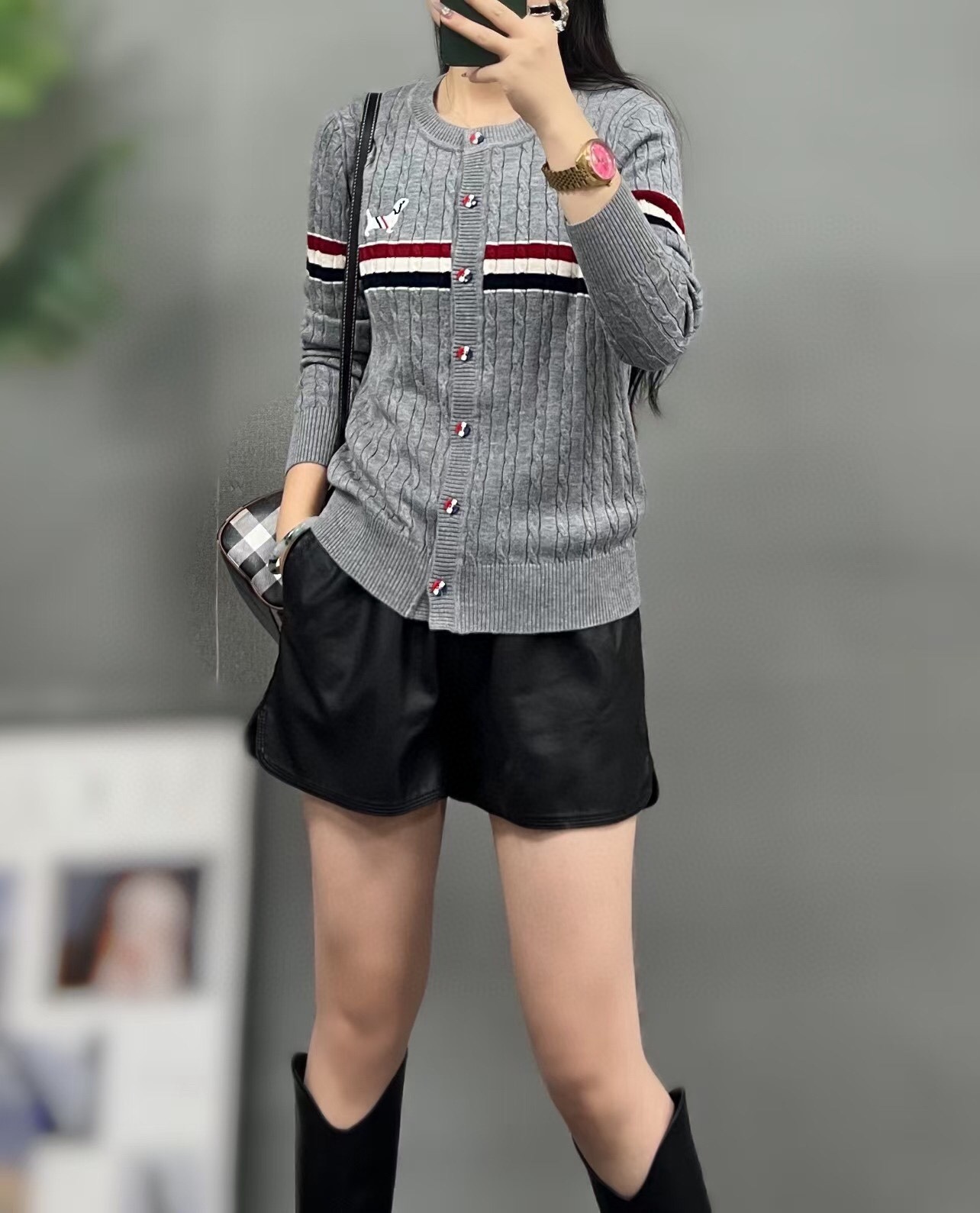Thom Browne Women's Grey Wool Cable Knit Cardigan with Striped Detail 5 i1729829675 1854 4