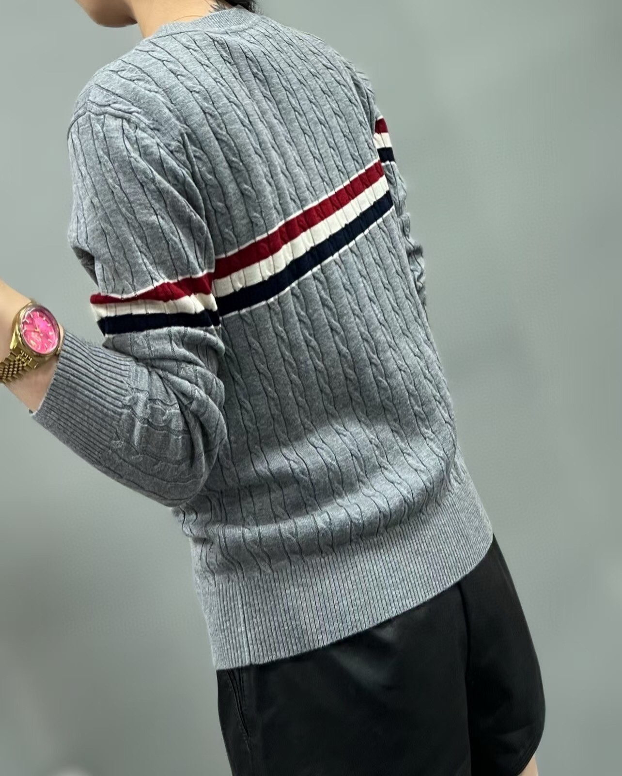 Thom Browne Women's Grey Wool Cable Knit Cardigan with Striped Detail 6 i1729829675 5208 5