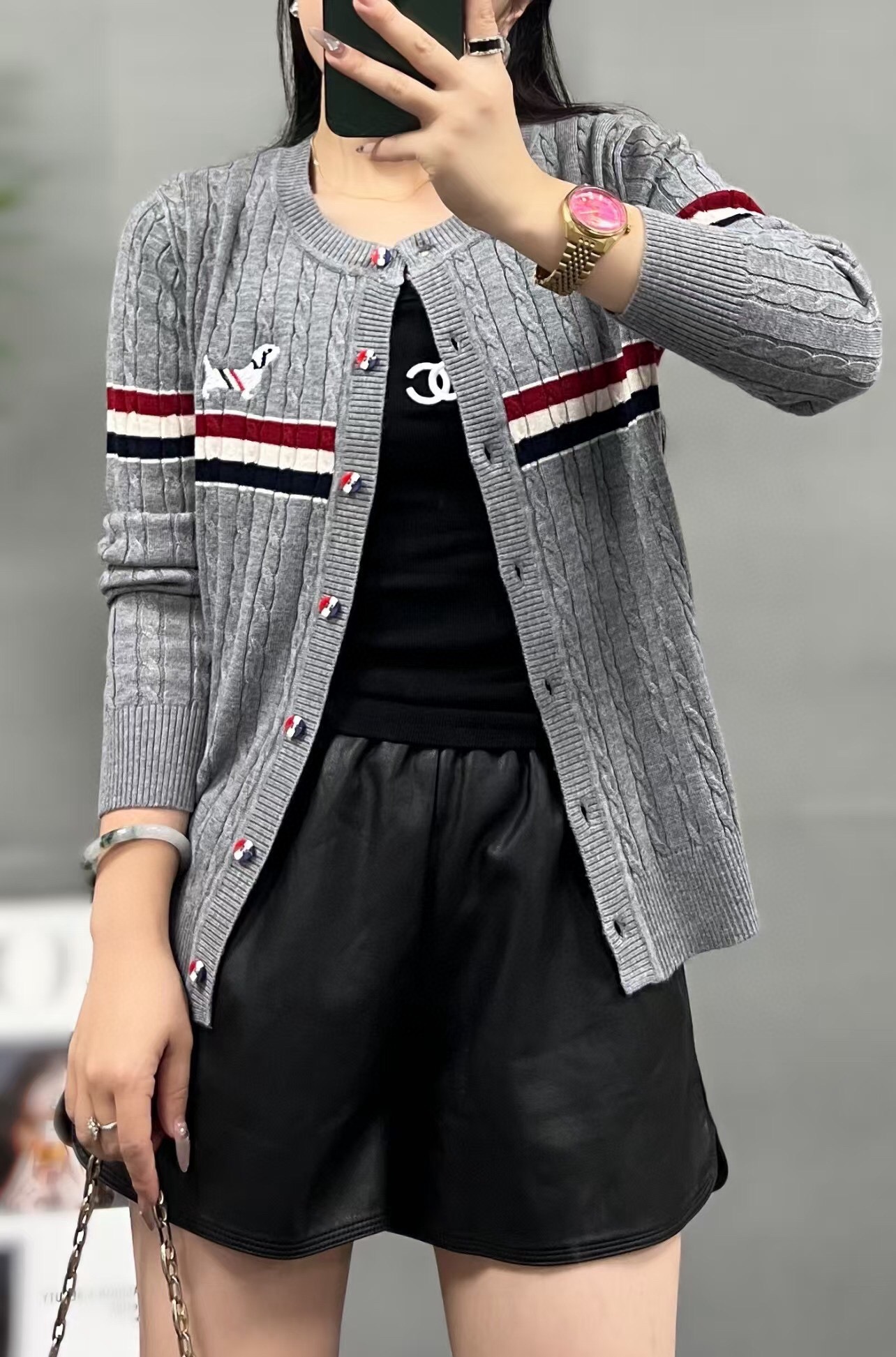 Thom Browne Women's Grey Wool Cable Knit Cardigan with Striped Detail 1 i1729829675 6807 0