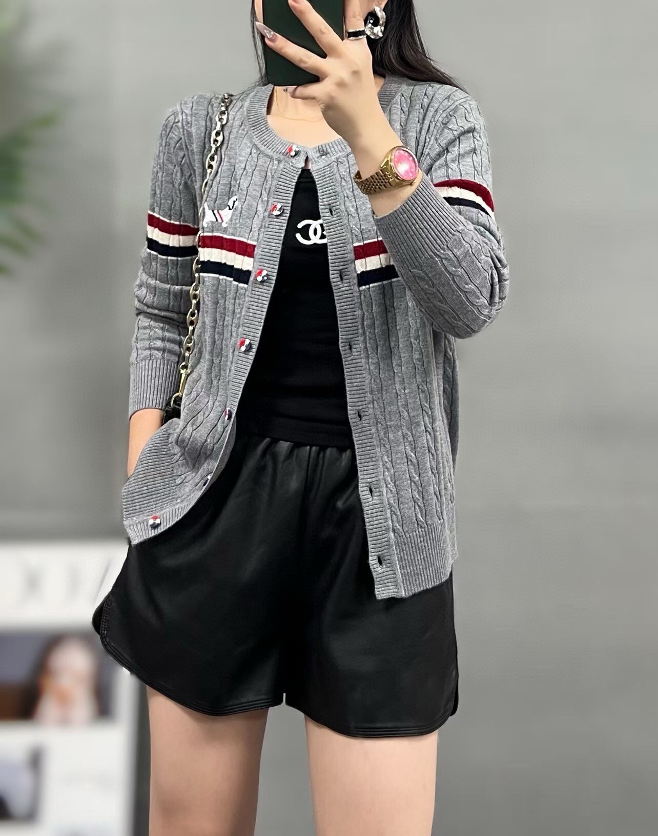 Thom Browne Women's Grey Wool Cable Knit Cardigan with Striped Detail 2 i1729829675 6875 2