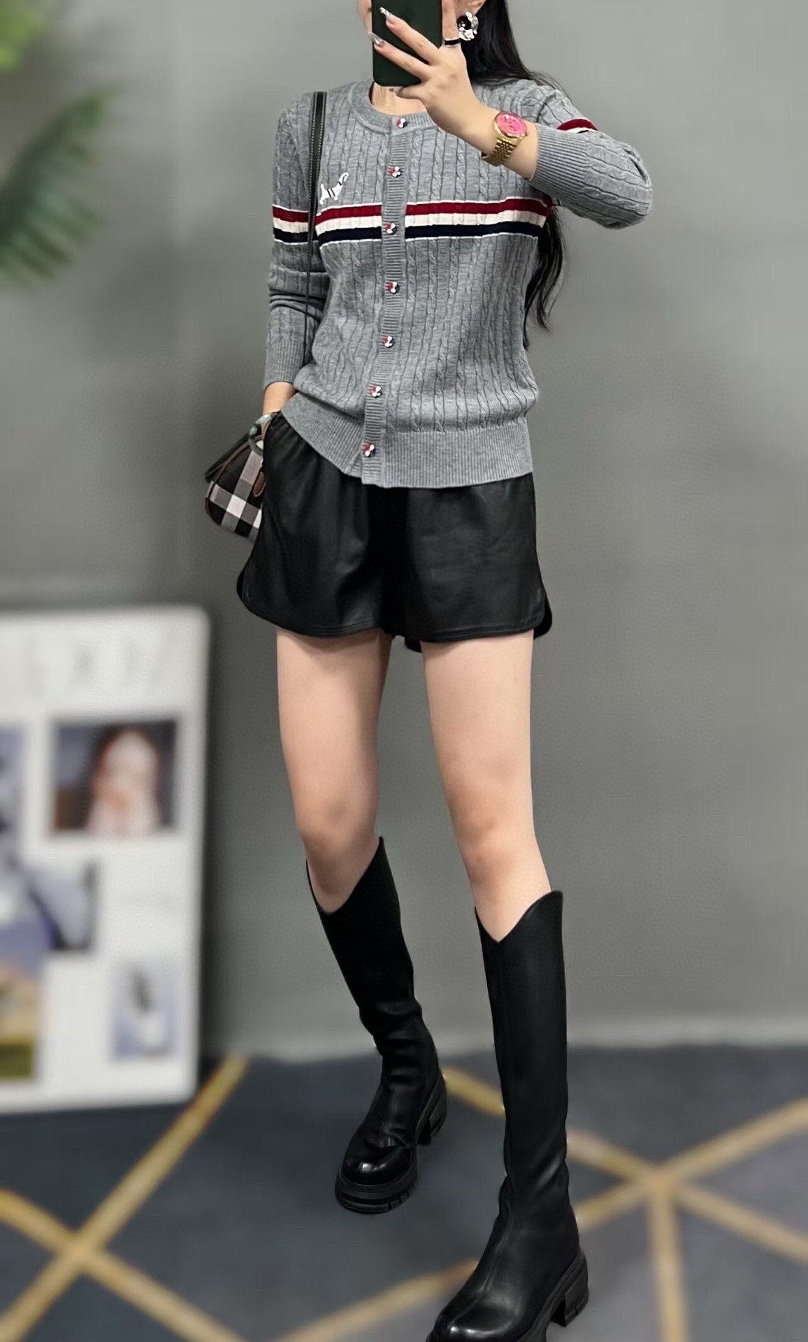 Thom Browne Women's Grey Wool Cable Knit Cardigan with Striped Detail 4 i1729829675 968 3