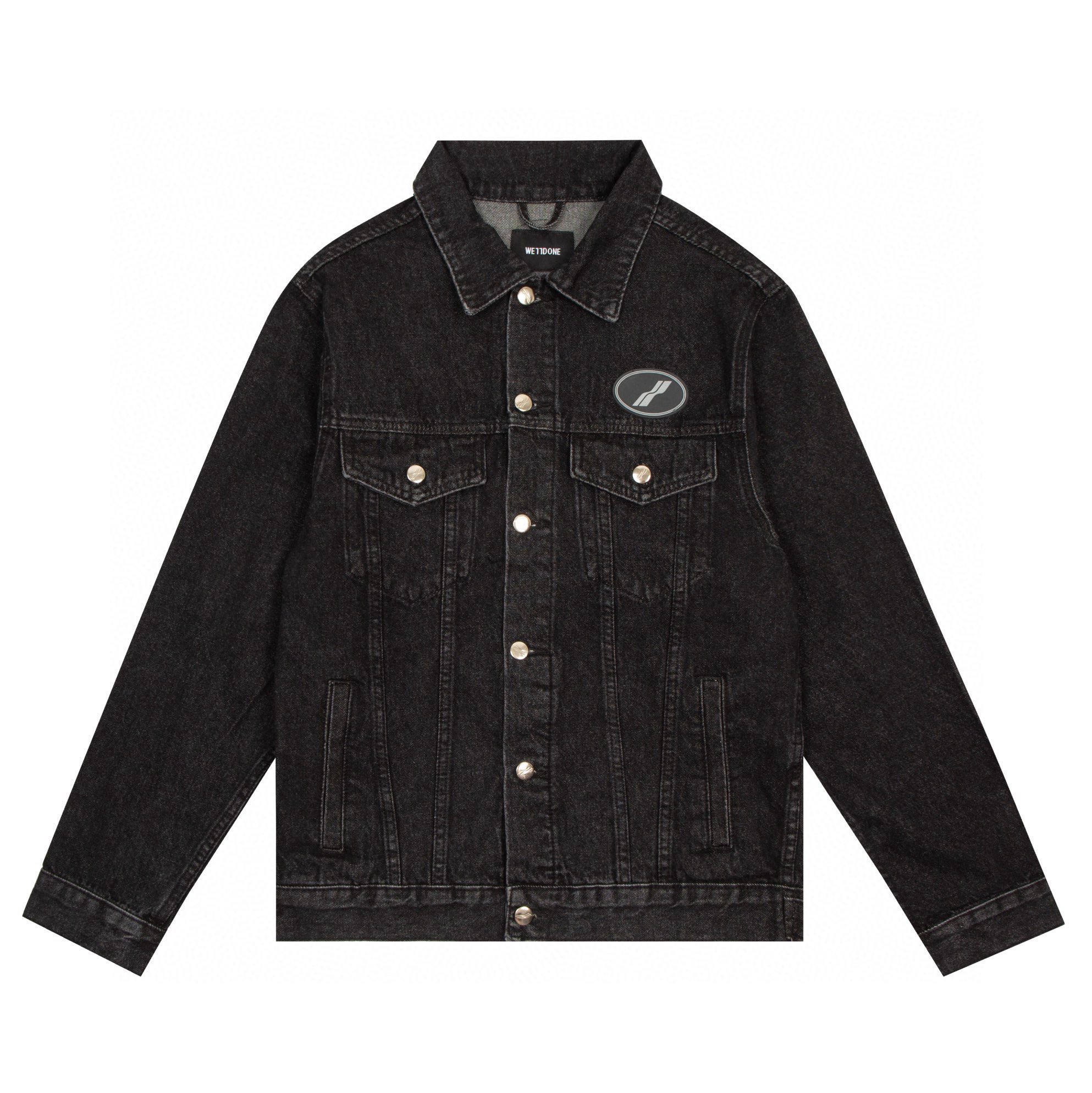 Chaqueta vaquera WE11DONE con insignia pequeña, lavado a la piedra y efecto desgastado, mismo modelo que usan…