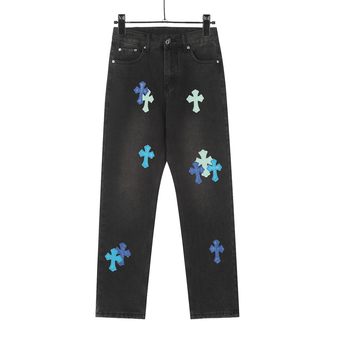 Chrome Hearts Vêtements Jeans Bleu Imprimé Unisexe Cuir de vache Peau mouton Vintage