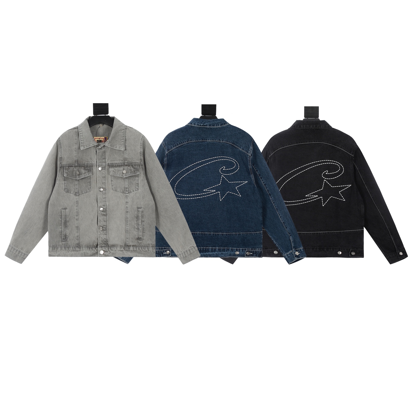 Corteiz/Demon Island Classic Cowboy Coat with Embroidery and Pentagram Detail in Black, Grey, Blue.