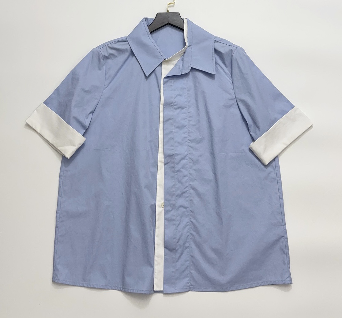 YIRANTIAN Elegant Commuter Double Layer Collar Short Sleeve Shirt