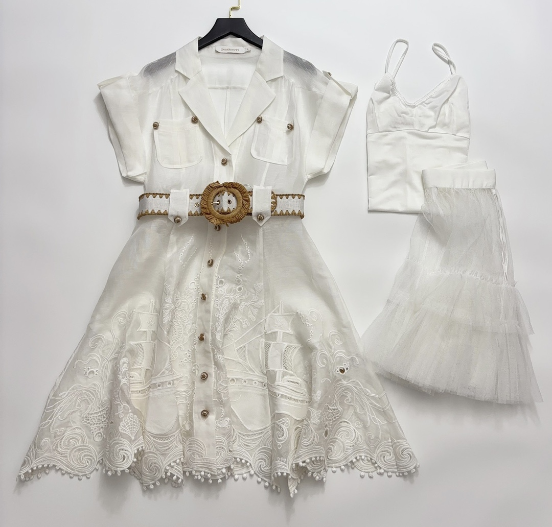 Zim Embroidered Heavy-Duty Sailboat Pattern Silk Linen Single-Breasted Dress