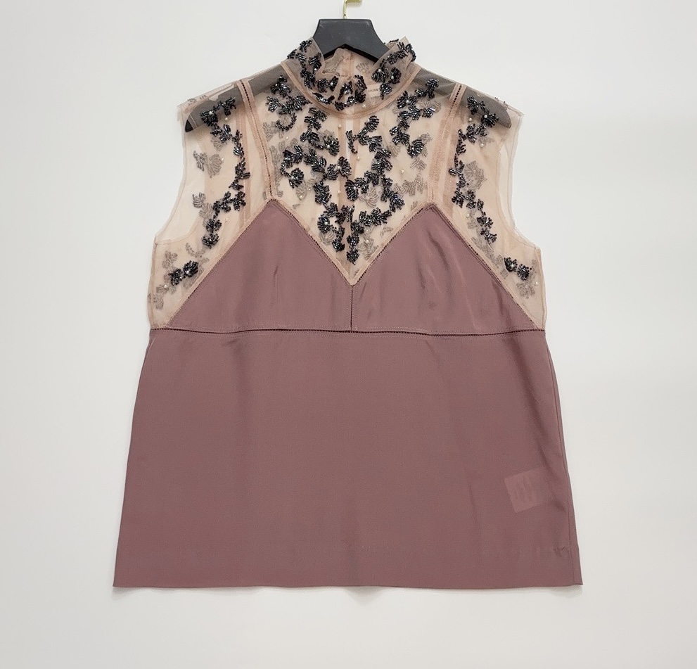 Dries Van Noten Sheer Mesh Beaded High-Neck Sleeveless Vest Top