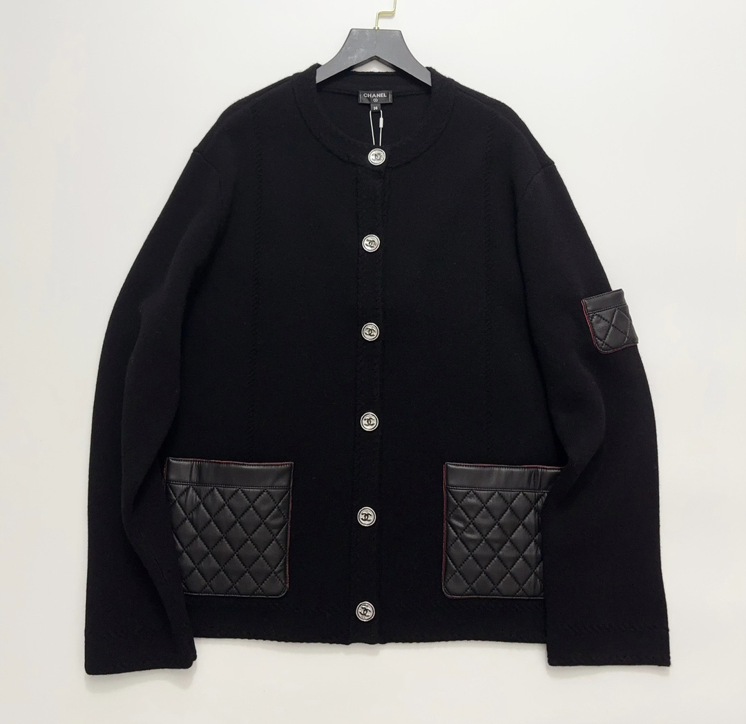Leather Pocket Cashmere Knit Cardigan