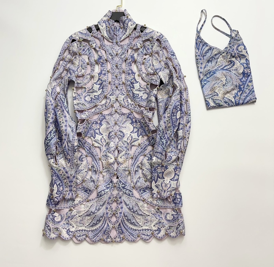 Zim Dreamy Purple Cutout Linen Print Lantern Sleeve Dress