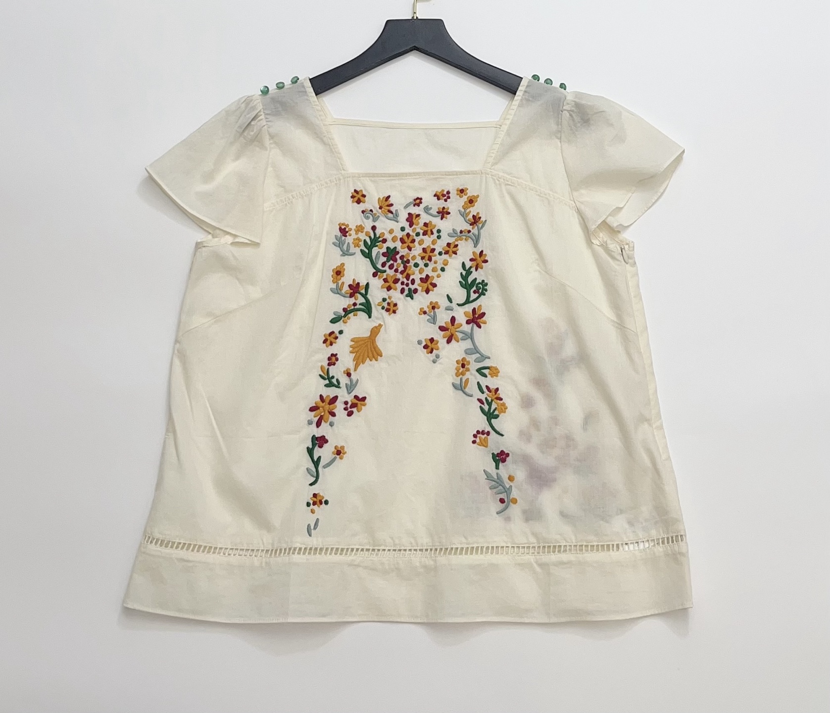 Square Neck Floral Embroidered Short Sleeve Top