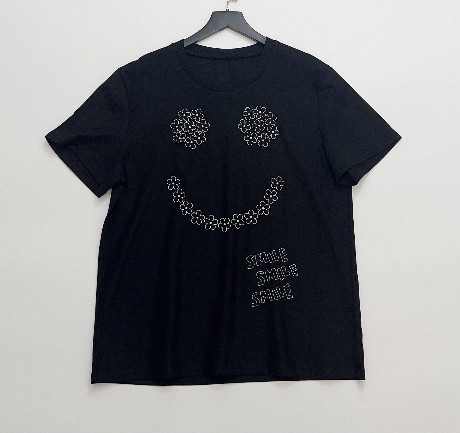 Black 3D Floral Smiley Face Loose Short Sleeve T-Shirt Top
