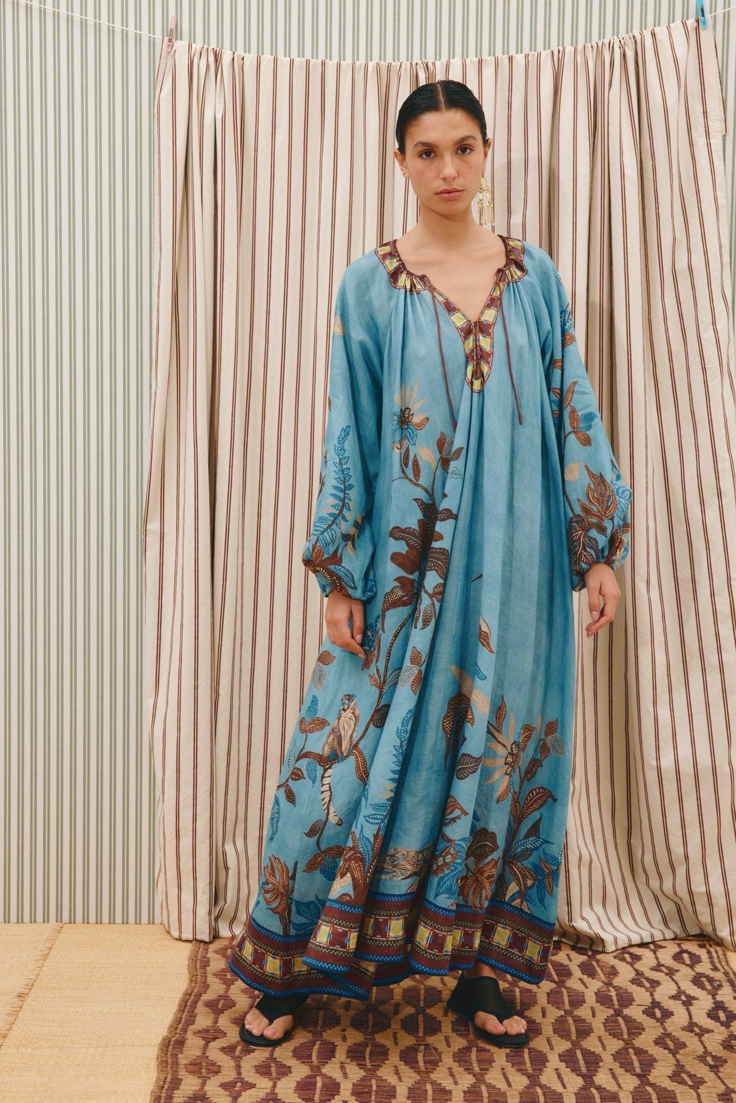 Alémais Linen Jungle Secret Print V-Neck Tie-Front Relaxed Maxi Dress