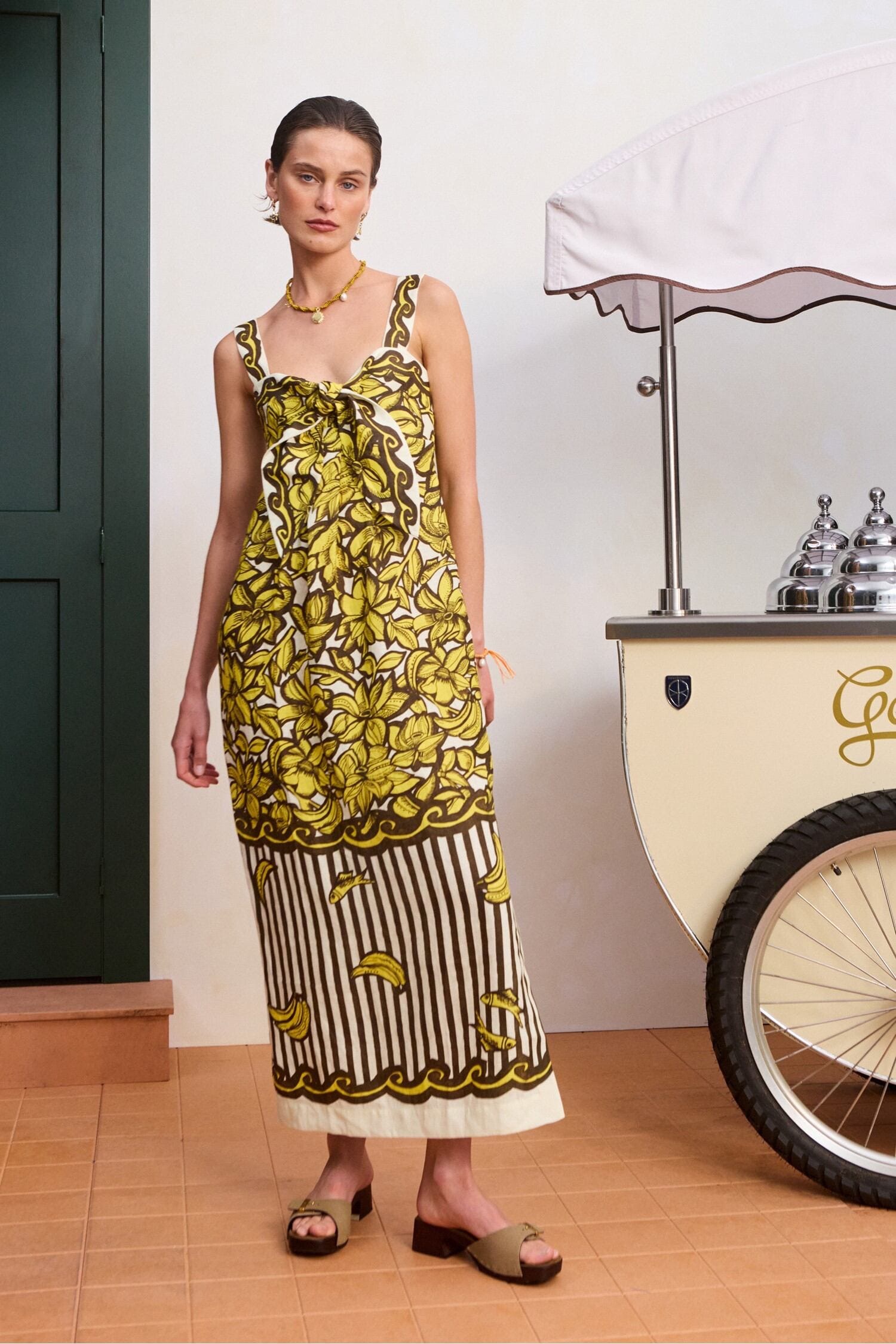Alémais Linen Bright Yellow Floral Print Strappy Long Dress