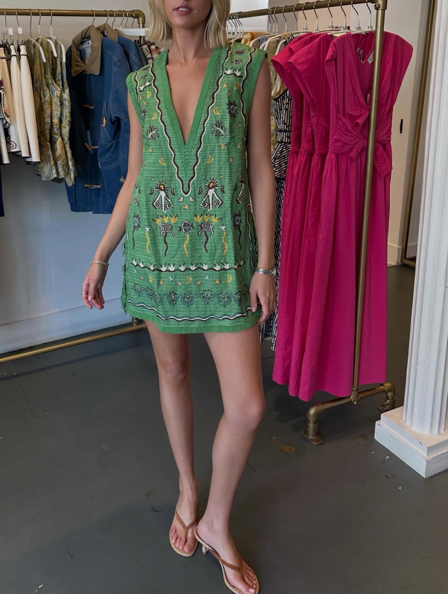 Alémais Linen Green Sun Dancer Print V-Neck Sleeveless Dress