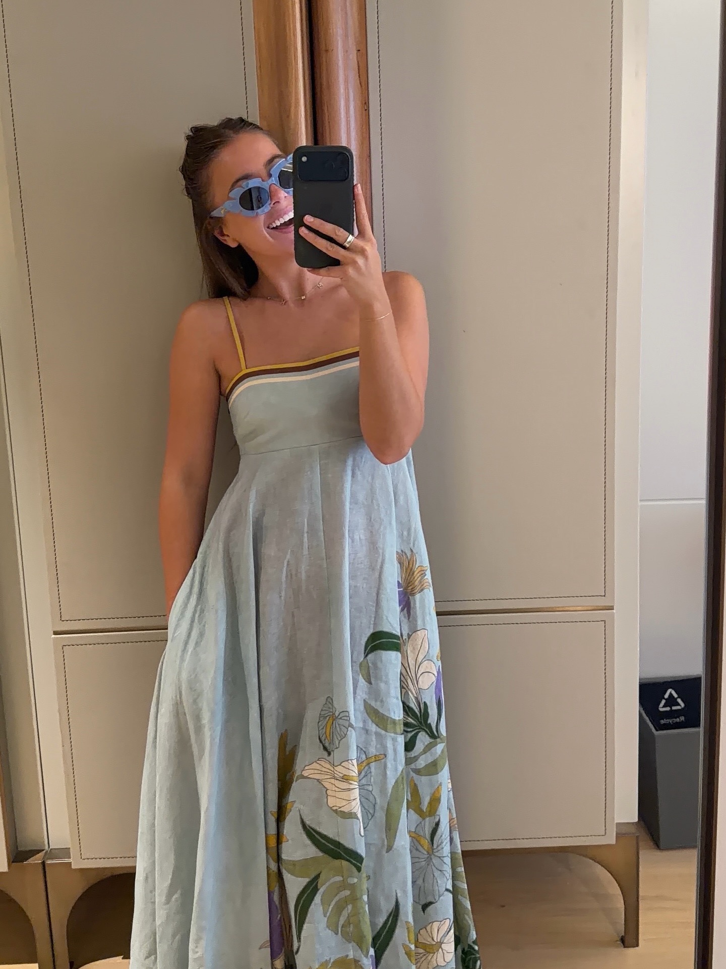 Alémais Light Blue Linen Alfie Print Cami Midi Dress
