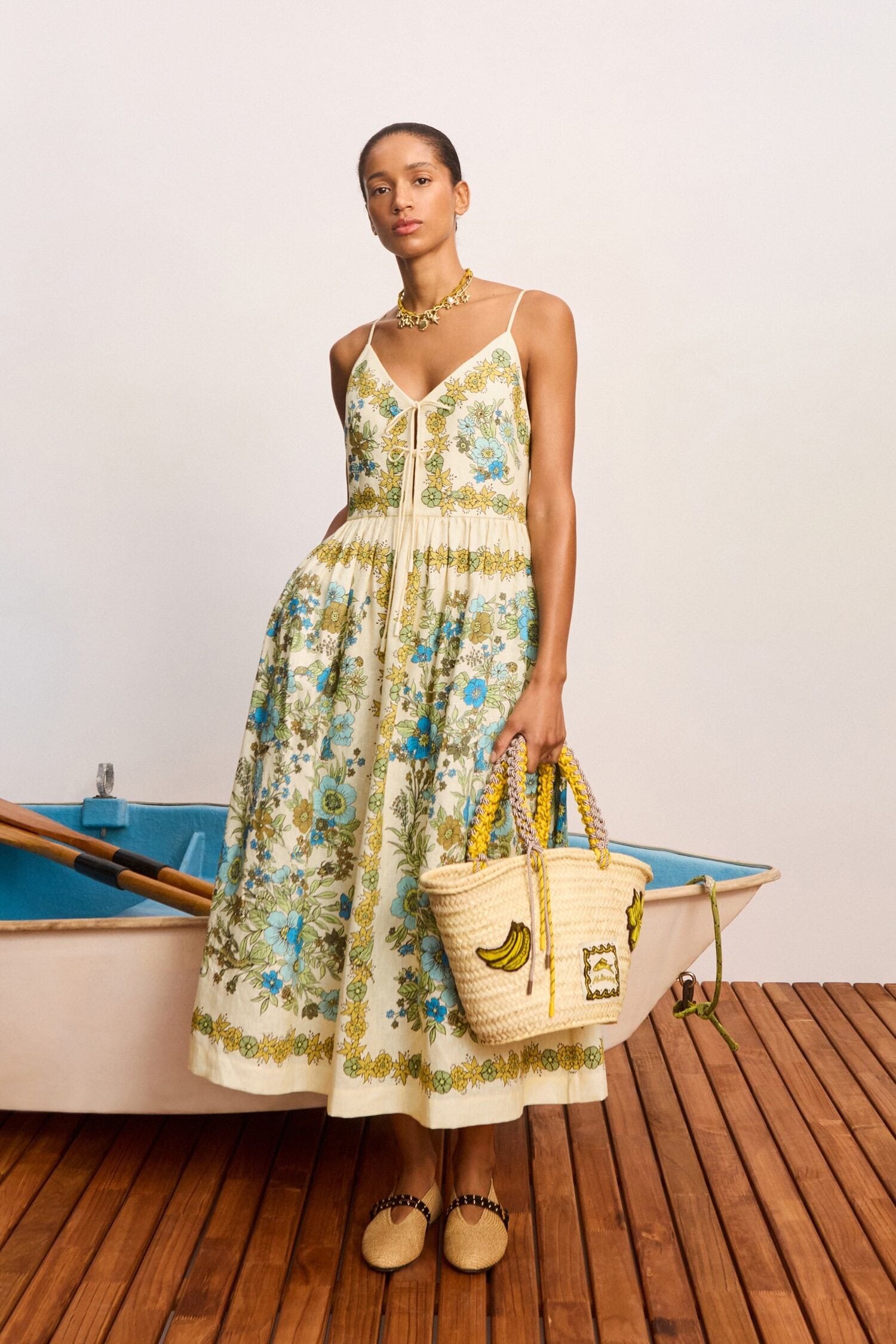 Alémais Vintage Pastoral Floral Print V-Neck Tie-Waist Linen-Blend Midi Cami Dress