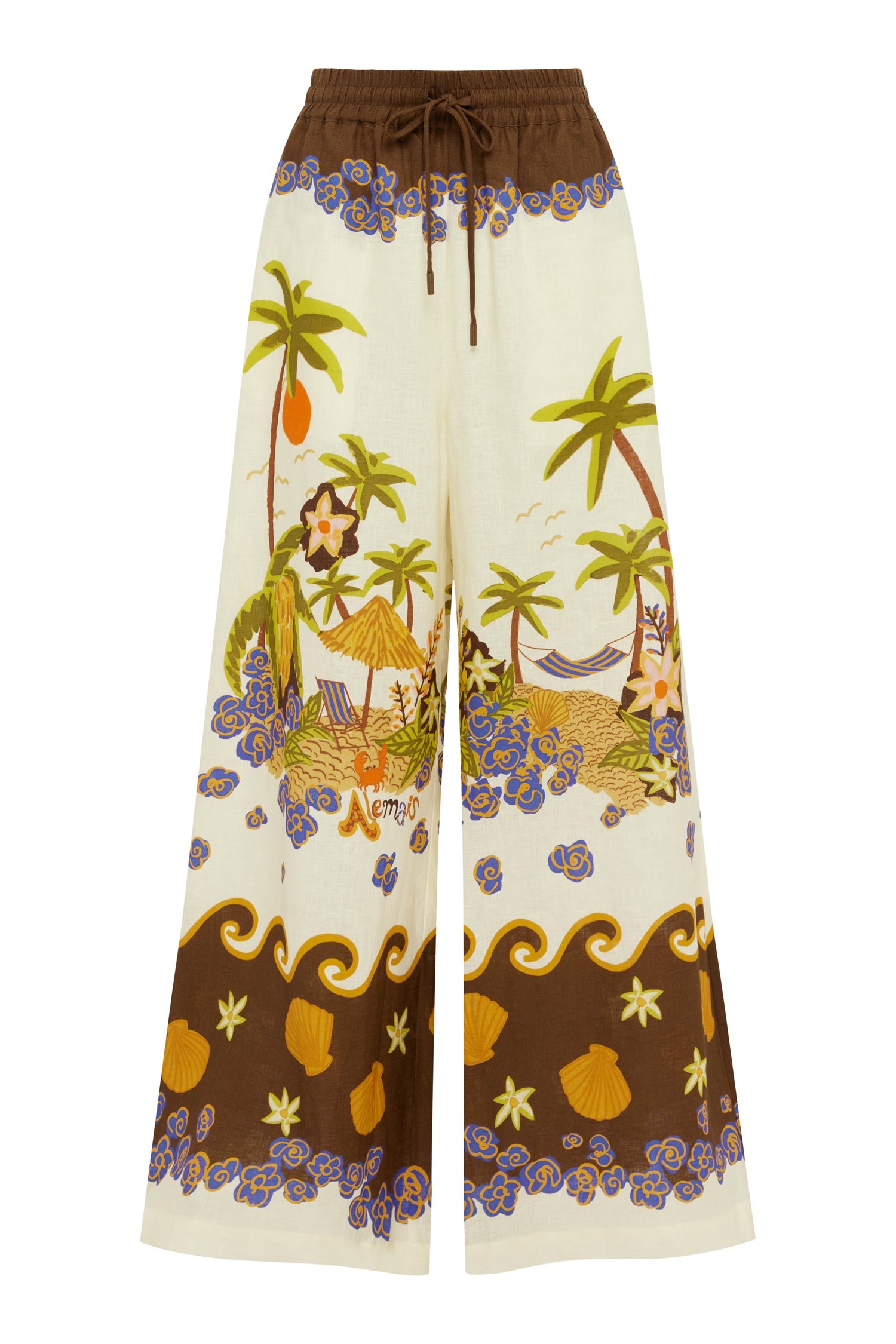 Alémais Brown-Trimmed Tropical Plant Print Elastic Waist Casual Wide-Leg Pants