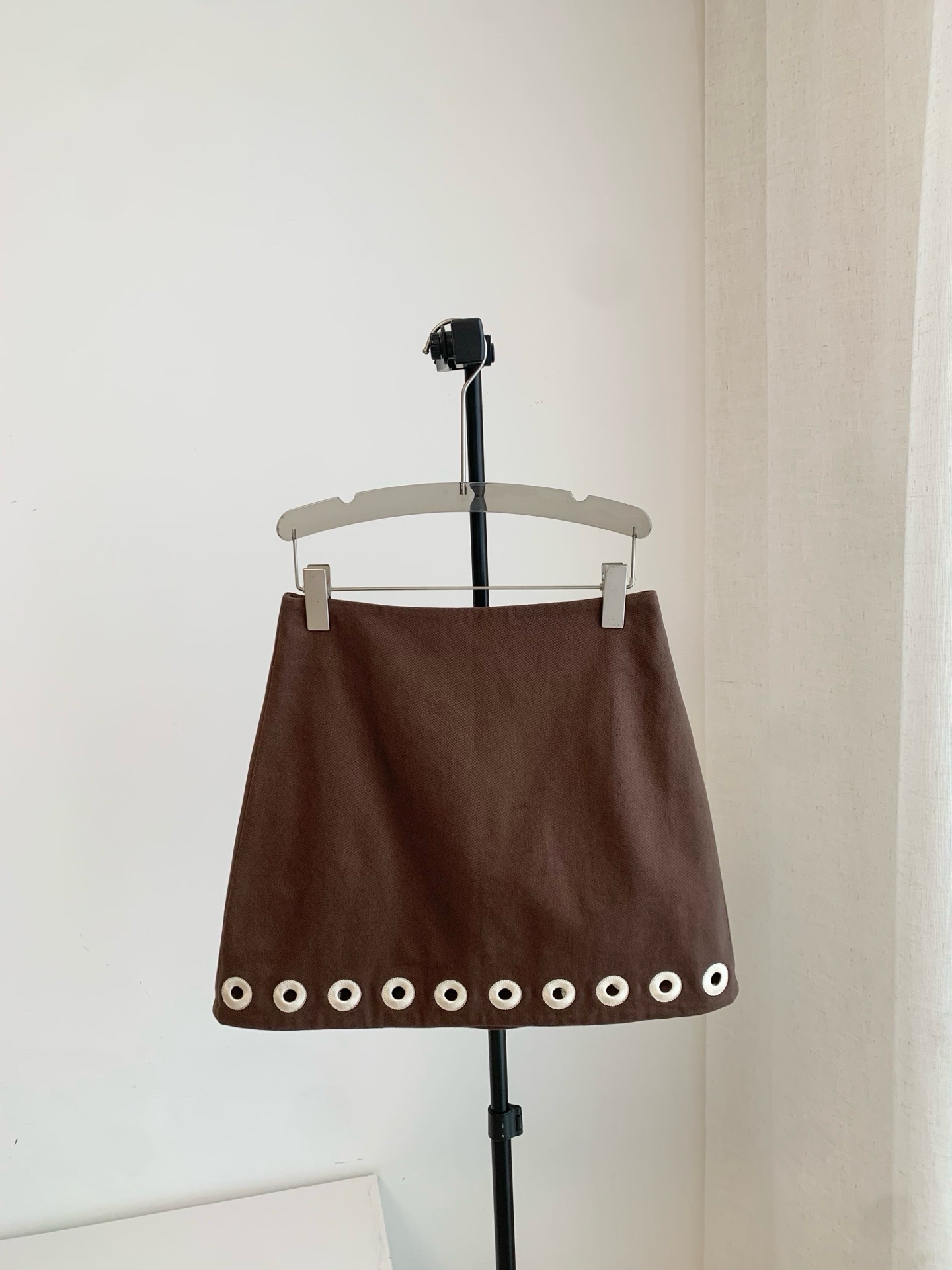 Alémais Maillard Style Brown Linen High-Waist A-Line Mini Skirt with Hem Perforation Detail