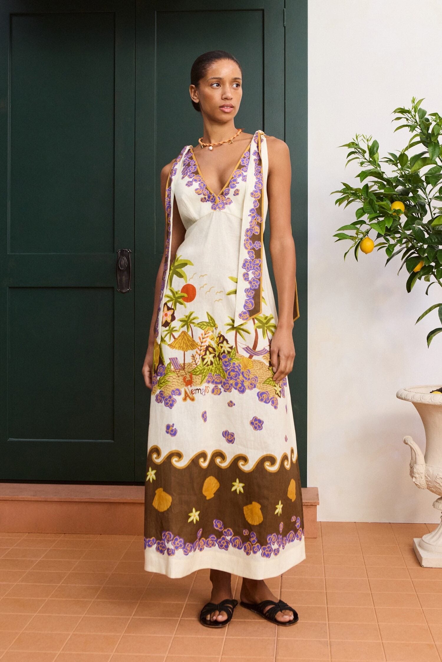 Alémais Botanical Floral Print V-Neck Tie-Waist Vintage Pastoral Cami Maxi Dress