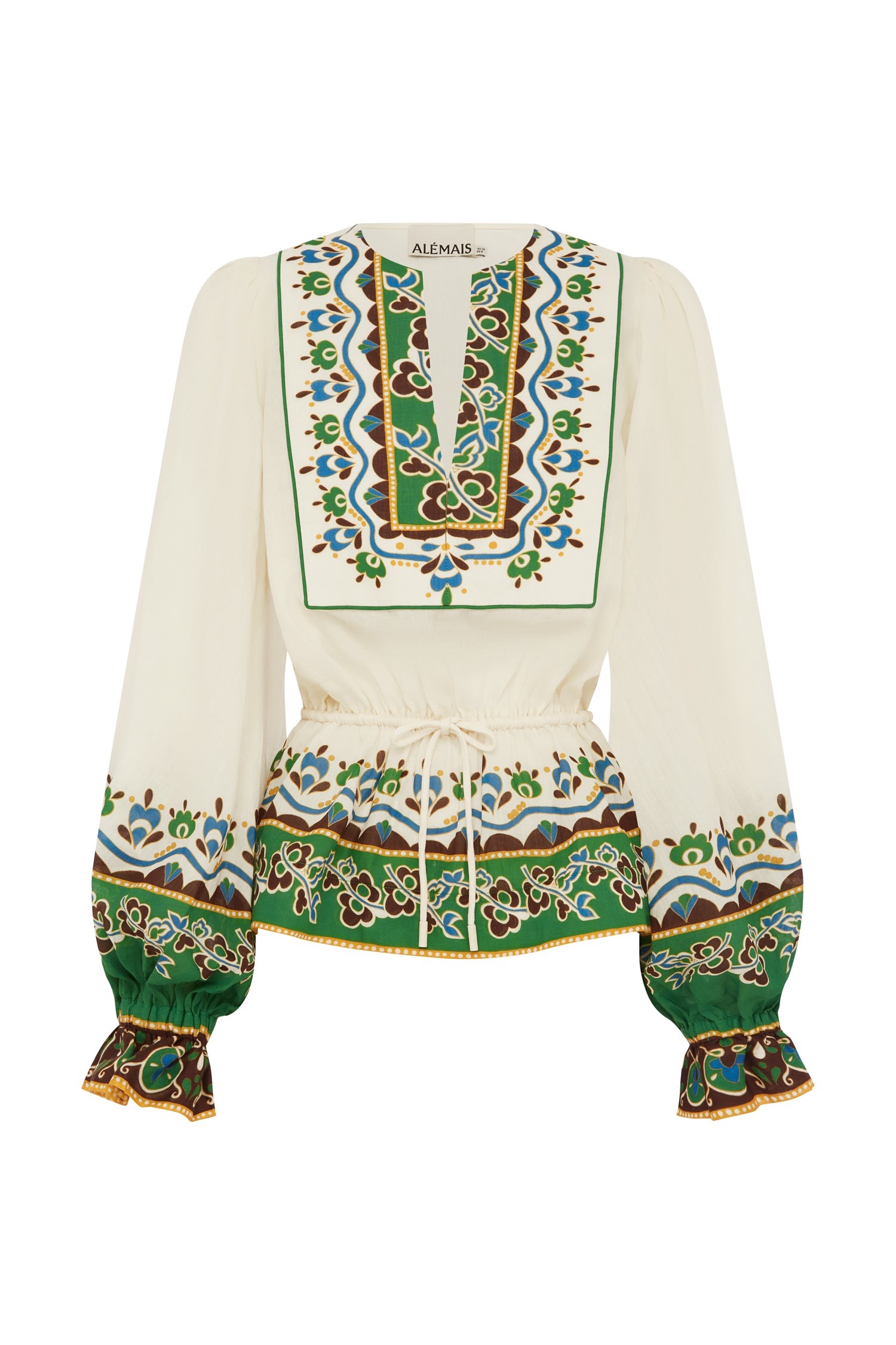 Alémais Green Trim Ethnic Embroidered Square Neck Top with Vintage Print Tie-Waist Lantern Sleeve Shirt