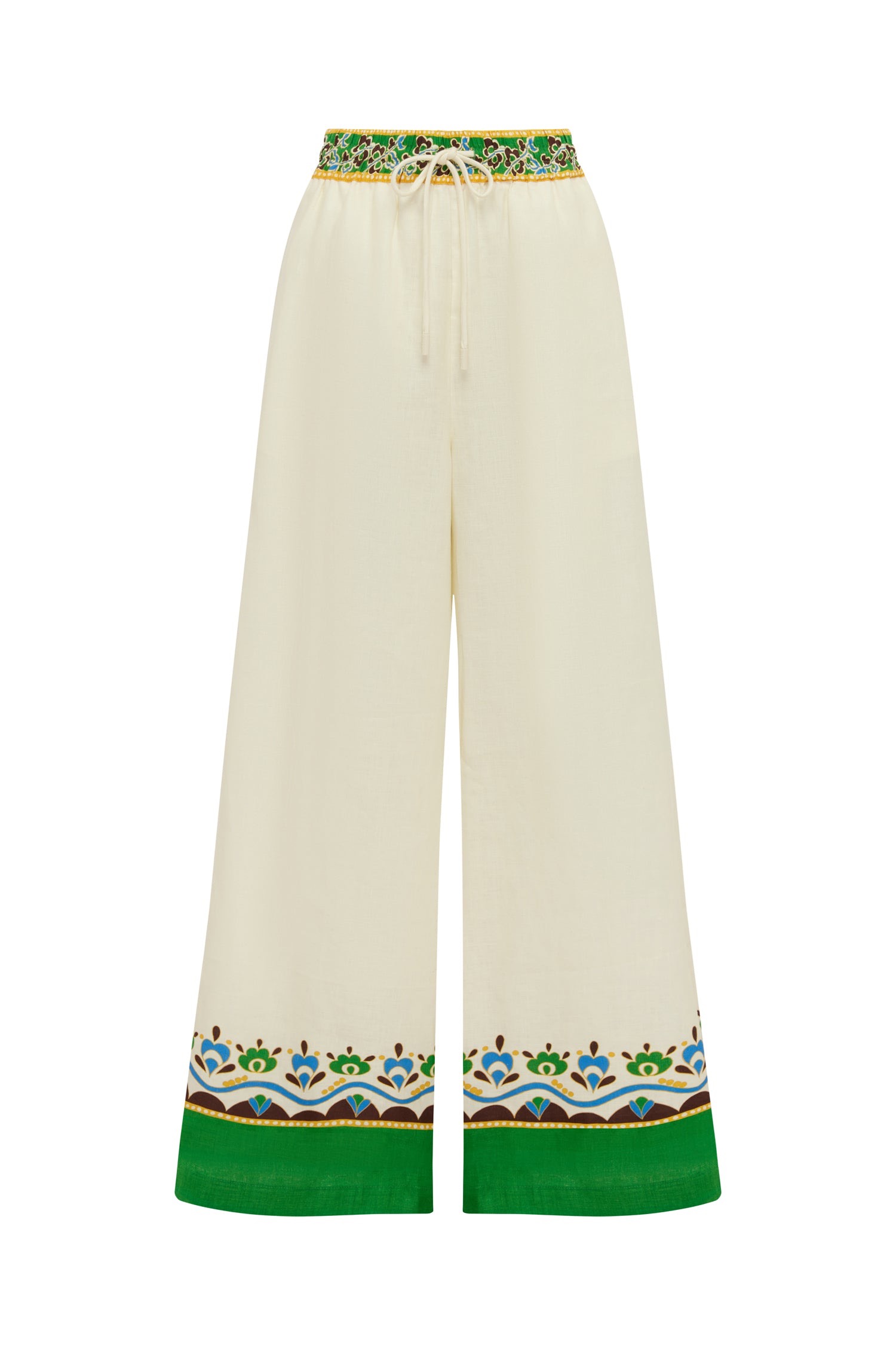 Alémais Off-White Lace Trim Wide-Leg Trousers with Elastic Waist Floral Edged Casual Pants