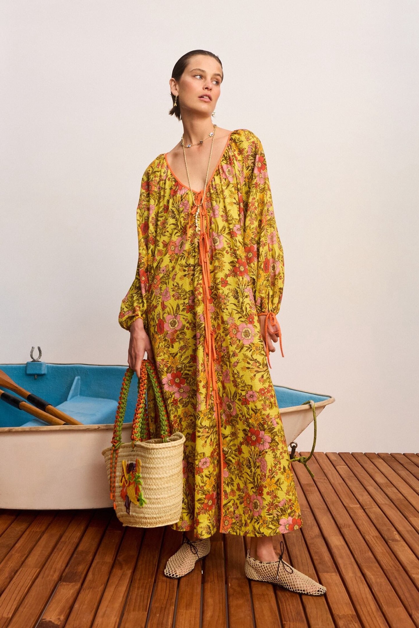 Alémais Yellow Floral Print V-Neck Tie-Waist Lantern Sleeve Maxi Dress