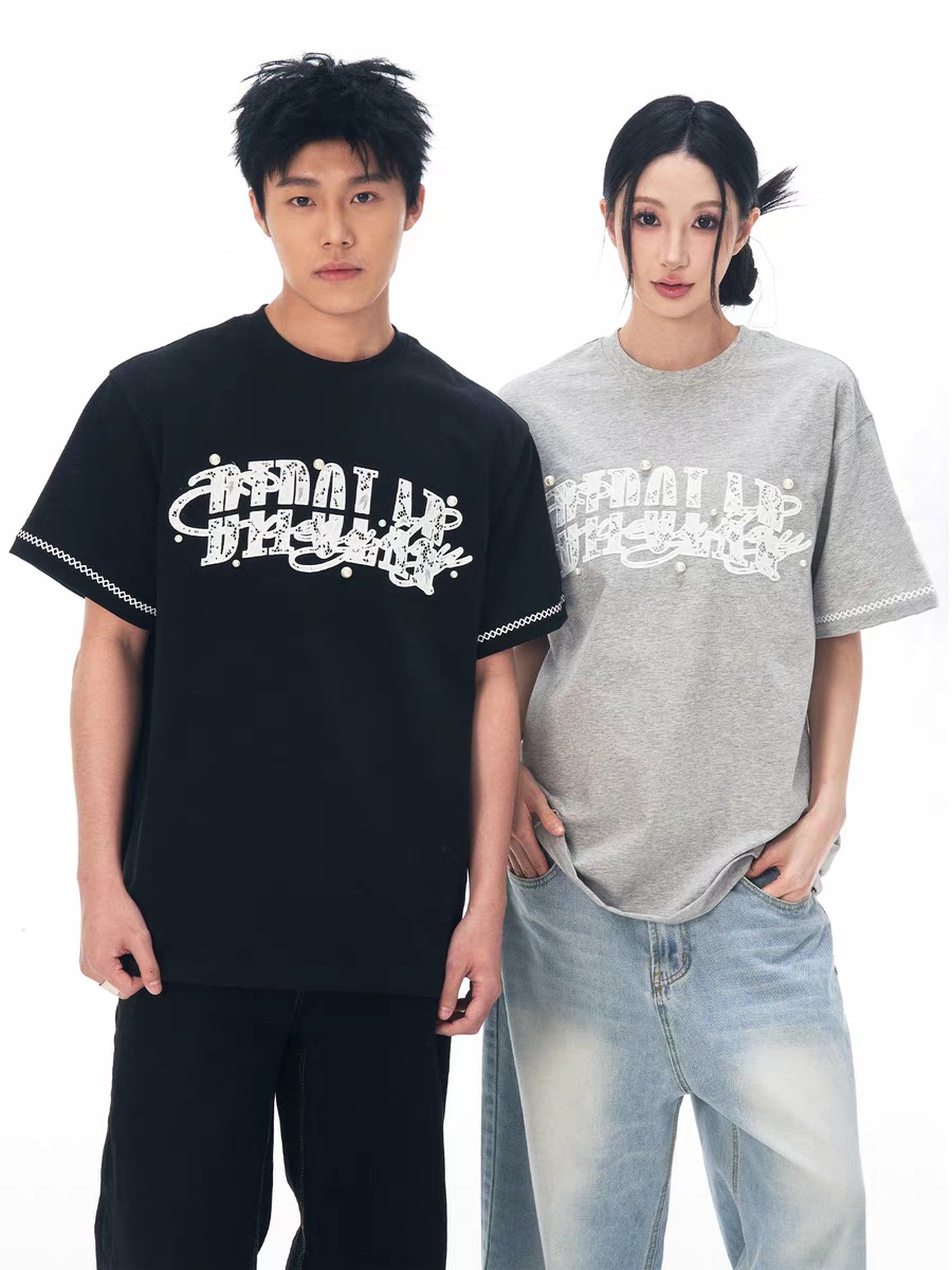 BL16 BIPOLAR蕾丝珍珠贴布短袖T恤韩风休闲款上衣国潮新款春夏男女同款 P68
​颜色：黑色 灰色
​码数：S M L XL