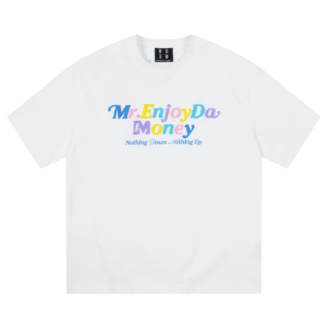 ME83【侯明昊同款】MEDM马卡龙彩色字母毛巾绣短袖T恤男女情侣同款tee P62
​颜色：白色 灰色 黑色
​码数：S M L XL