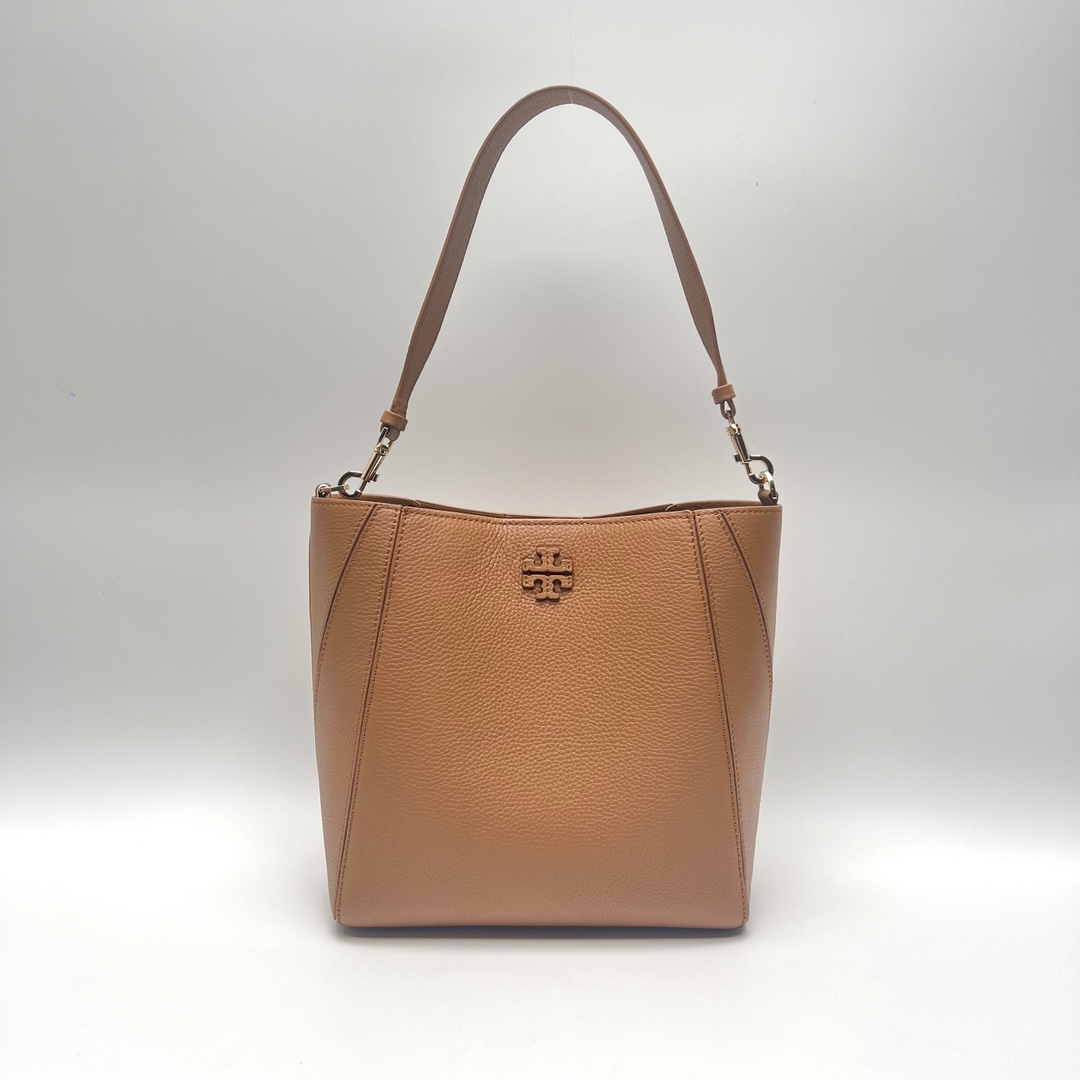 Tory Burch 棕色TB最新款单肩包 购物袋款 可单肩手提 荔枝纹头层牛皮 质感肉肉
