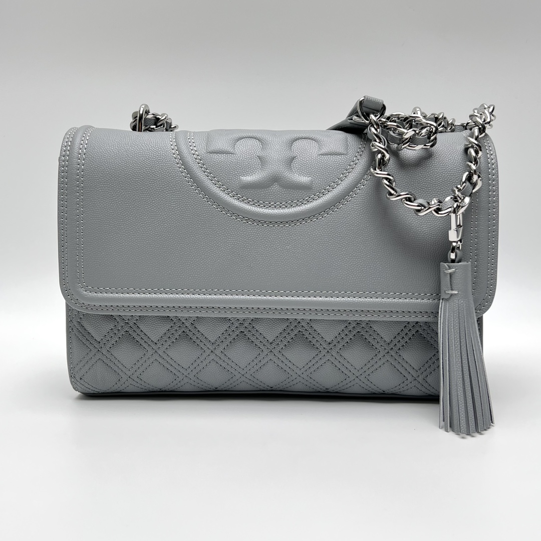 Tory Burch ～TB158434 （雾霾蓝）最新款Fleming鱼子酱牛皮菱格链条包