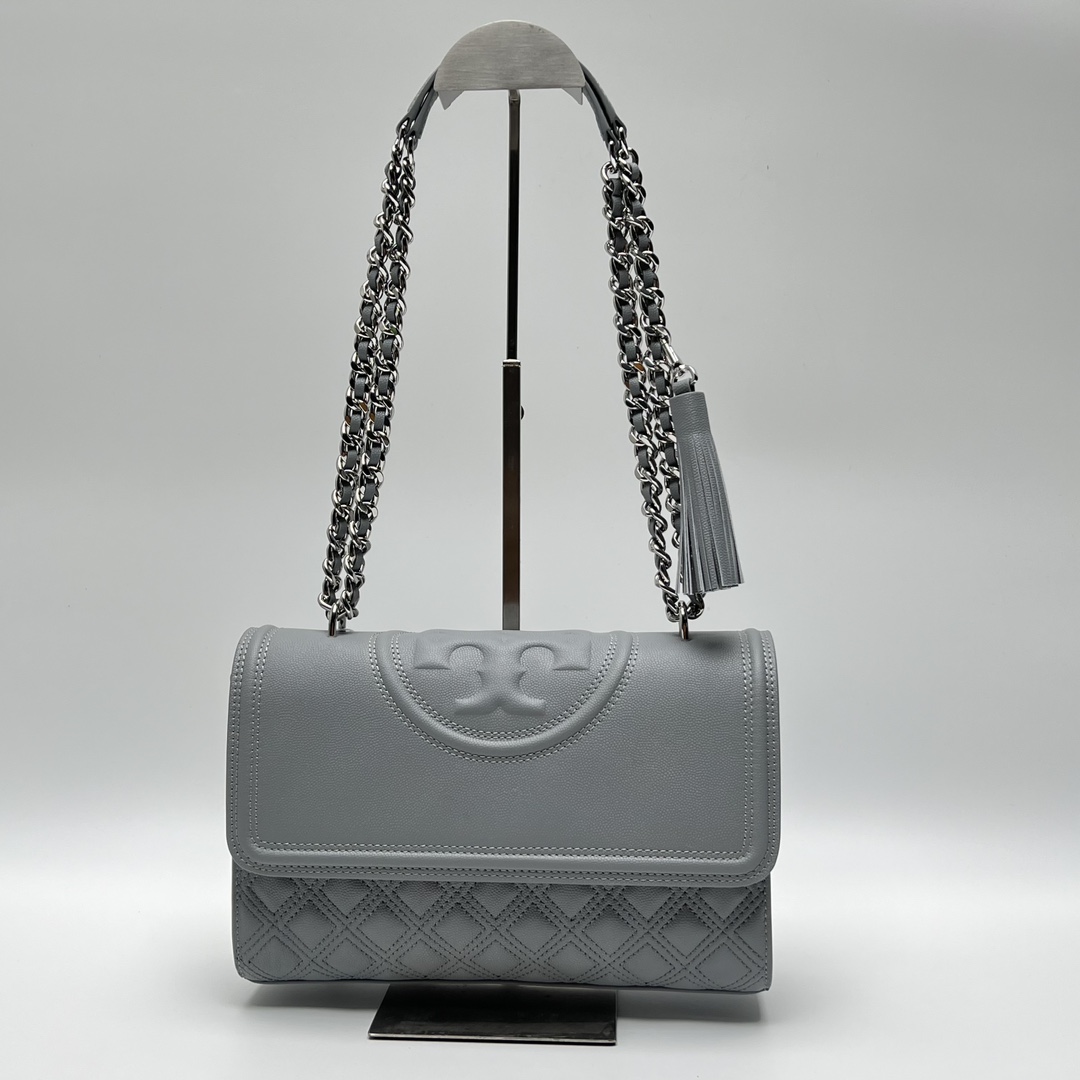 Tory Burch ～TB158434 （雾霾蓝）最新款Fleming鱼子酱牛皮菱格链条包