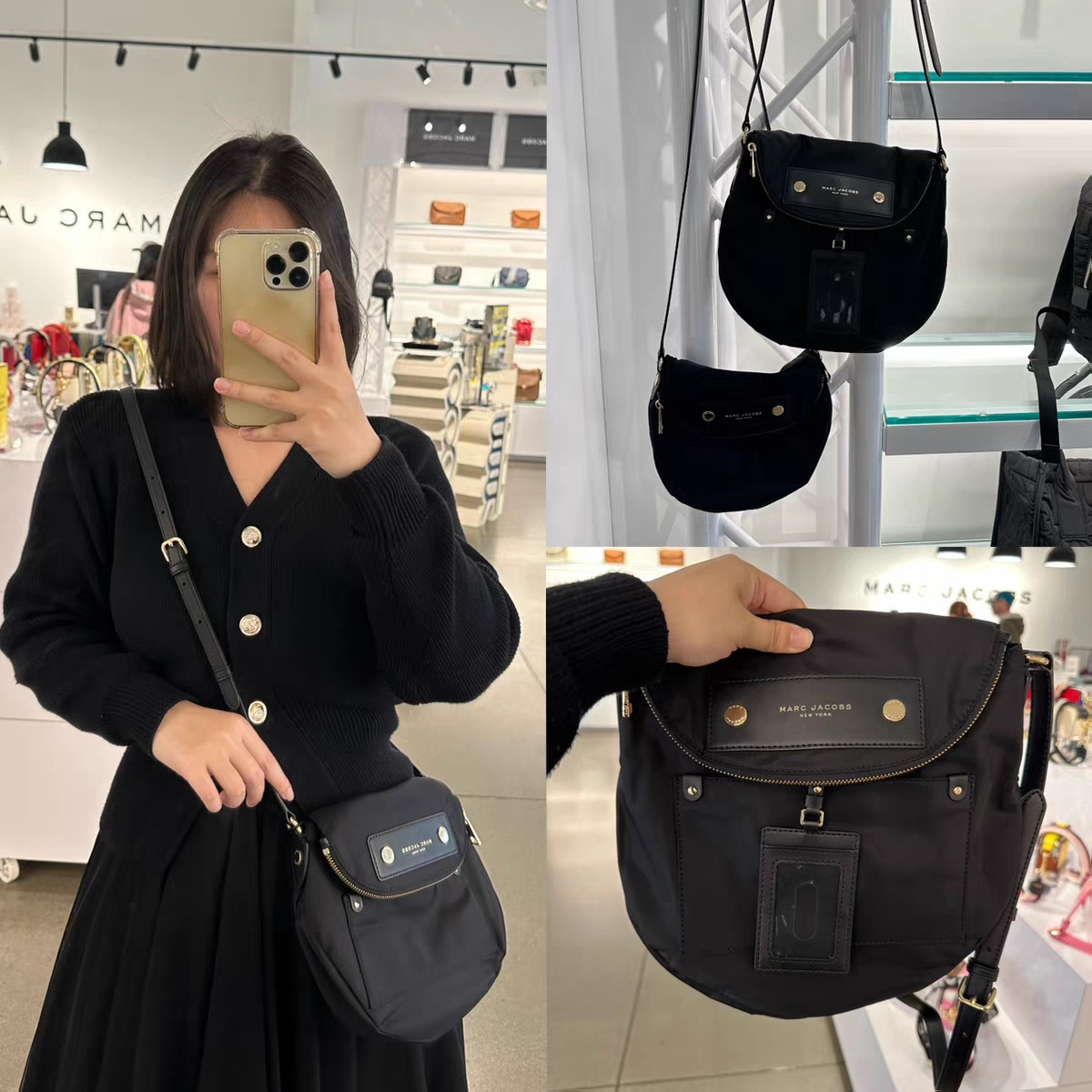 Marc Jacobs ～新款mj纯色大容量防水尼龙布斜跨单肩 牛皮锁头包