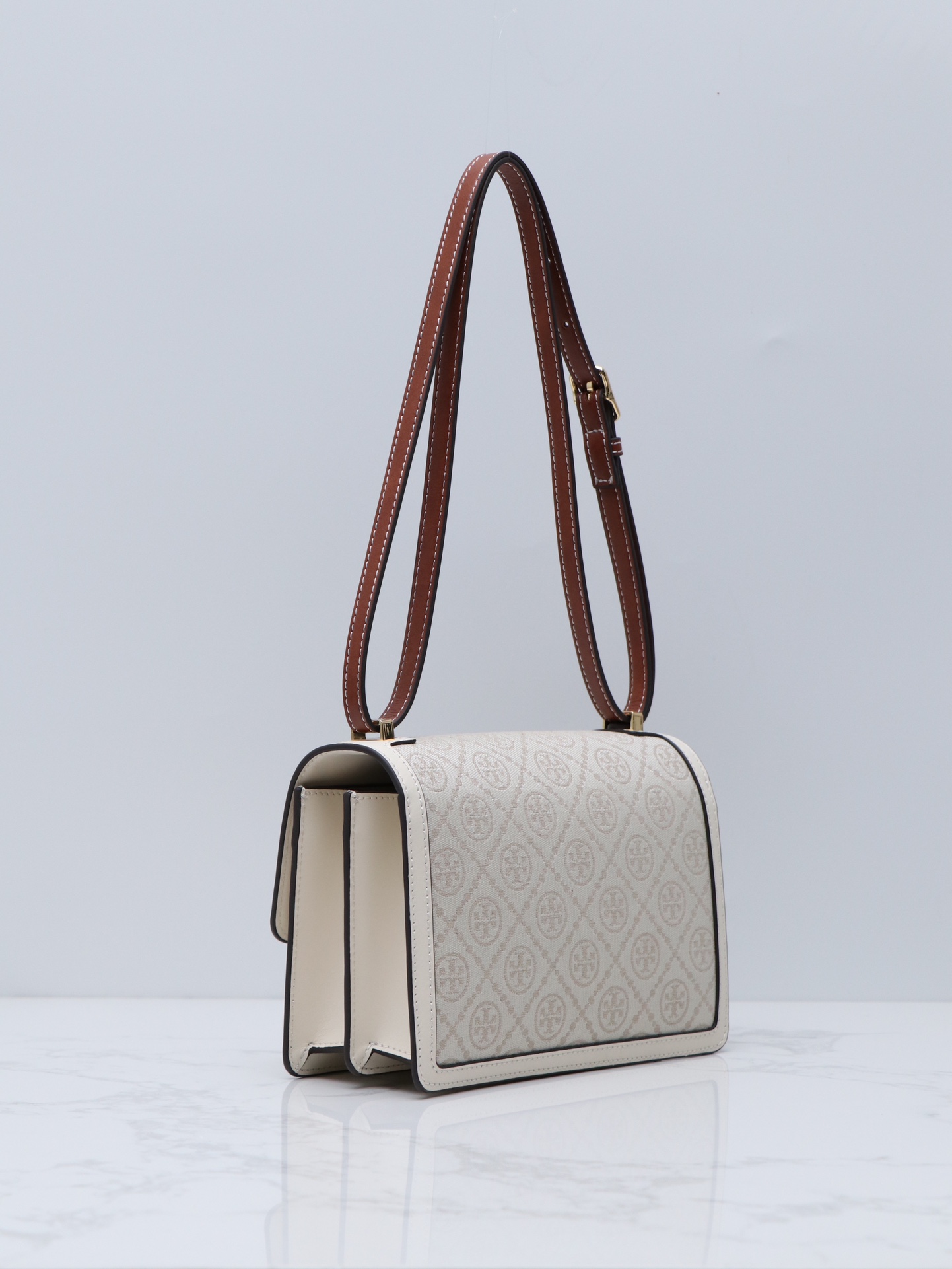 Tory Burch ～TB最新款158526 T monogram老花配皮（头层牛皮）