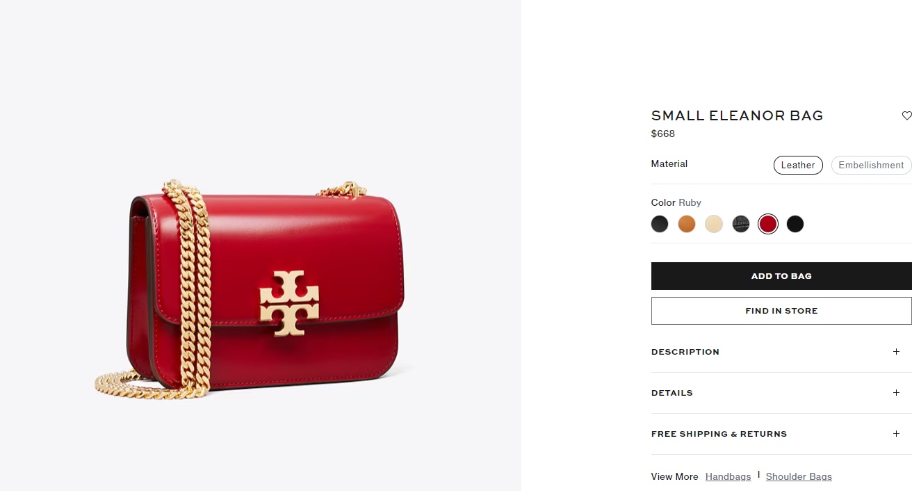 Tory Burch ～TB新款Eleanor 小号链条包 包款全新设计光滑金属饰件 尽显盒子包的简约线条