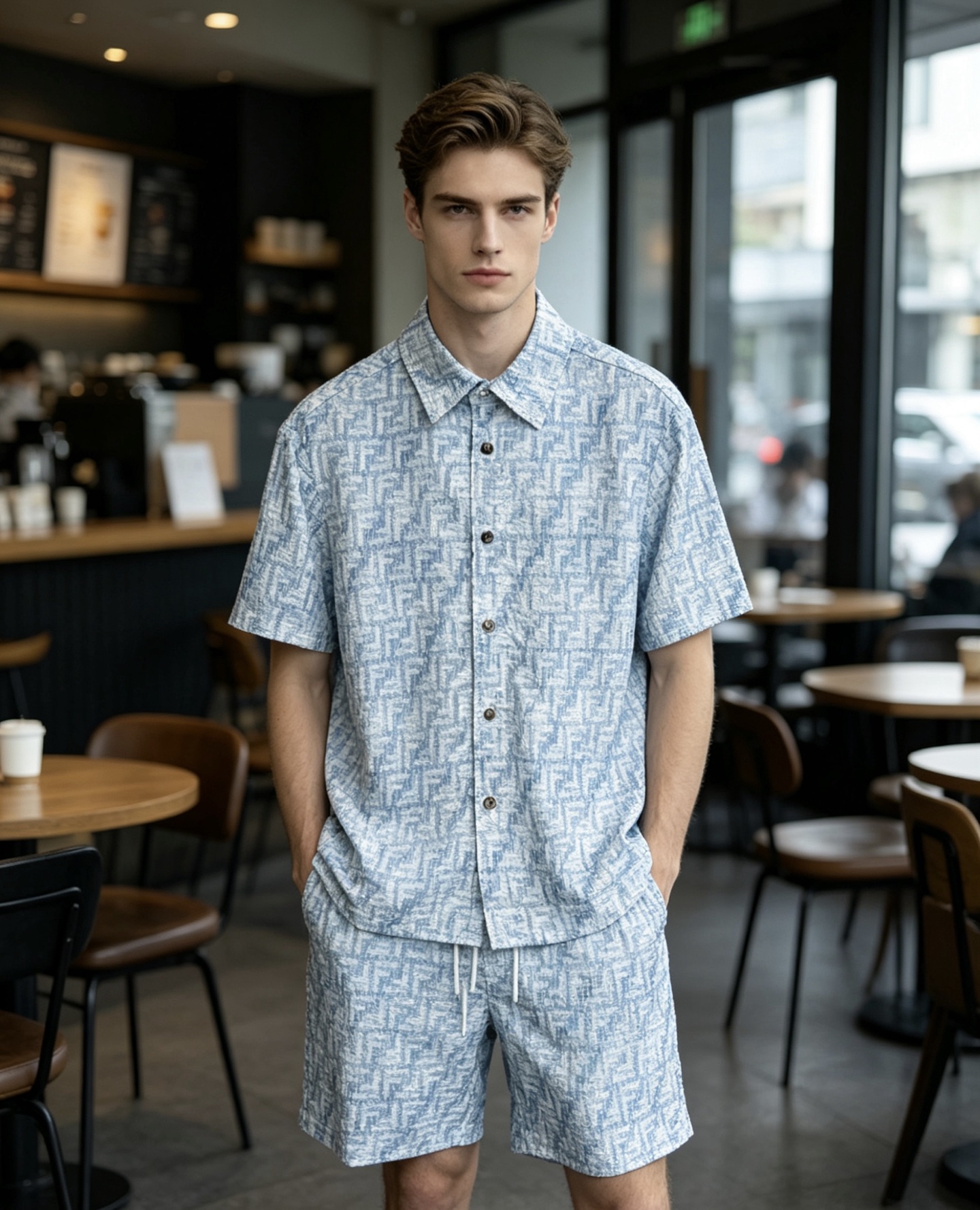 NO:833682,FENDI - When the natural light in the afternoon flows through the window sill, FENDI's classic FF presbyopia is smudged on the light blue textured fabric, creating just the right amount of relaxation and elegance. The neat shirt style + shorts of the same series combine the refreshingness of summer and the low-key texture of old money style. No need to deliberately pose, just a cup of coffee, you can wear the calm style of FENDI,,fendi, shorts, shirts,19860909FENDI-当午后的自然光漫过窗沿,FENDI经典FF老花在浅蓝肌理面料上,晕染出恰到好处的松弛与贵气. 利落的衬衫版型+同系列短裤,把夏日的清爽和老钱风的低调质感焊在身上. 无需刻意摆拍,一杯咖啡的时间,就能穿出属于FENDI的从容格调,,fendi,shorts,shirts,,Men's clothing