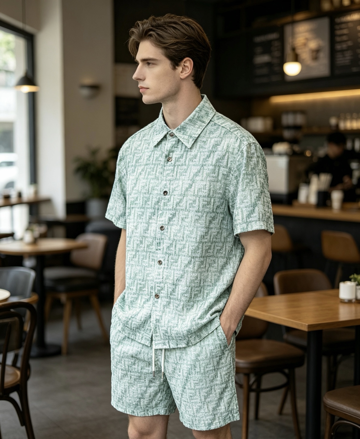 NO:833675,FENDI-When the natural light in the afternoon floods through the cafe window, Fendi's iconic FF presbyopia blooms on the mint green textured fabric to create a gentle texture. The neat shirt style is paired with shorts of the same series, which perfectly combines summer refreshing with the low-key elegance of old money style. No need to be deliberate, just a cup of coffee, you can wear Fendi's calm style.,,fendi,shorts,shirts,19860909FENDI-当午后的自然光漫过咖啡厅窗边,Fendi标志性FF老花在薄荷绿肌理面料上晕染出温柔质感. 利落的衬衫版型搭配同系列短裤,把夏日清爽与老钱风的低调贵气完美融合. 无需刻意,一杯咖啡的时间,就能穿出属于Fendi的从容格调.,,fendi,shorts,shirts,,Men's clothing
