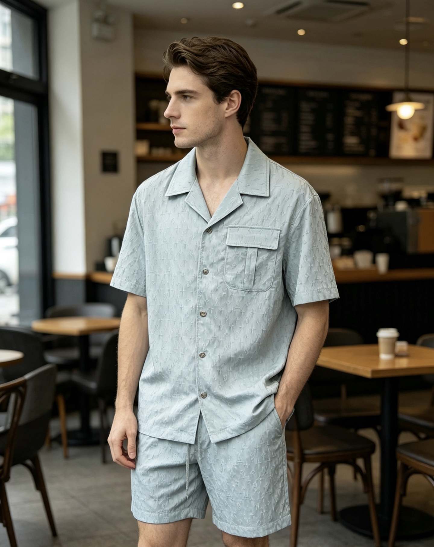 NO:833664,When the afternoon window light spreads over the shoulder line, LV's iconic Monogram presbyopia is dyed on the ice blue textured fabric to create a restrained elegance. The neat Cuban collar shirt + shorts of the same series bring the refreshing summer and brand heritage into daily life. There is no need for unnecessary expression, the texture and logo have their own style,, louis vuitton, shorts, shirts,19860909当午后的窗光漫过肩线,LV标志性的Monogram老花,在冰蓝肌理面料上晕染出克制的贵气. 利落的古巴领衬衫+同系列短裤,把夏日的清爽与品牌底蕴揉进日常. 无需多余表达,质感与标识自成格调,,louis vuitton,shorts,shirts,,Men's clothing