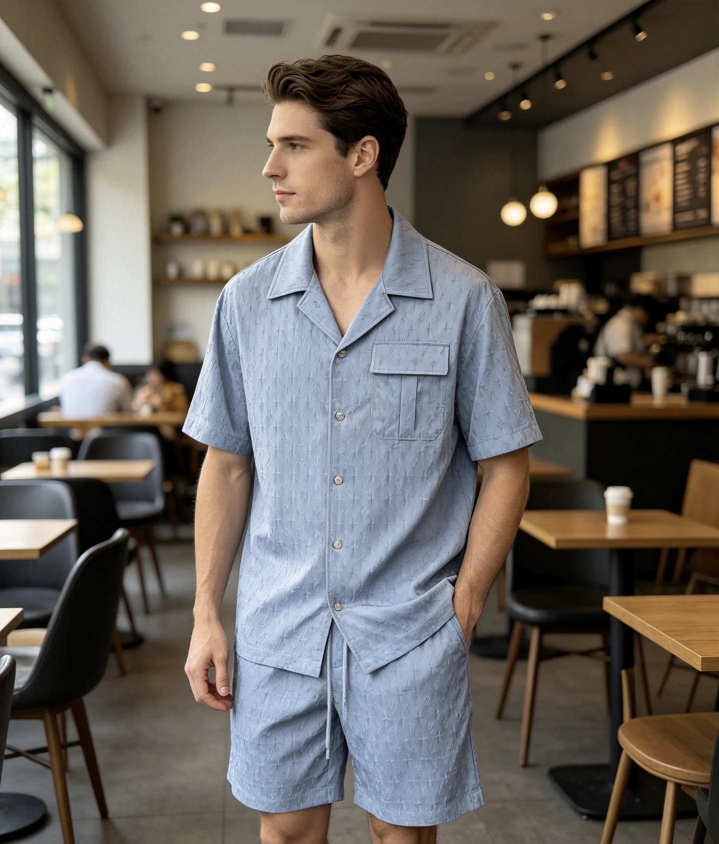 NO:833670,When the soft light of the cafe spreads over the shoulder line, the haze blue LV Monogram presbyopia blooms on the textured fabric, creating a restrained and gentle elegance. The Cuban collar shirt is paired with shorts of the same series, bringing the refreshing summer and brand heritage into daily life. No need for unnecessary expression, the low-key embossing on the low-saturated background is the most straightforward style language.,, louis vuitton, shorts, shirts,19860909当咖啡厅的柔光漫过肩线,雾霾蓝LVMonogram老花在肌理面料上,晕染出克制而温柔的贵气. 古巴领衬衫搭配同系列短裤,把夏日的清爽与品牌底蕴揉进日常. 无需多余表达,低饱和底色上的低调压纹,就是最直白的格调语言.,,louis vuitton,shorts,shirts,,Men's clothing
