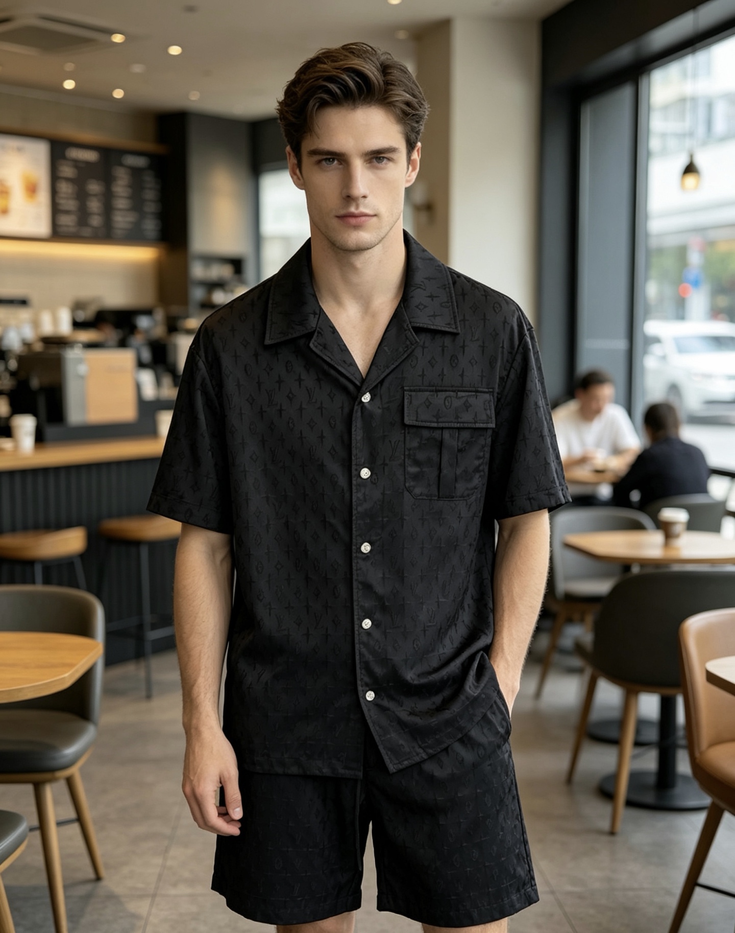 NO:833643,When the soft light of the cafe spreads over the shoulder line, the pure black LV Monogram presbyopia is dyed on the textured fabric, giving off a restrained and cold elegance. The Cuban collar shirt is paired with the same series of shorts, blending the relaxation of summer and the brand heritage into daily life. No need for unnecessary expression, LV's low-key dark pattern embossing is the identity language that is not noisy.,, louis vuitton, shorts, shirts,19860909当咖啡厅的柔光漫过肩线,纯黑的LVMonogram老花在肌理面料上,晕染出克制而冷峻的贵气. 古巴领衬衫搭配同系列短裤,把夏日的松弛与品牌底蕴揉进日常. 无需多余表达,LV低调的暗纹压花,就是不喧哗的身份语言.,,louis vuitton,shorts,shirts,,Men's clothing
