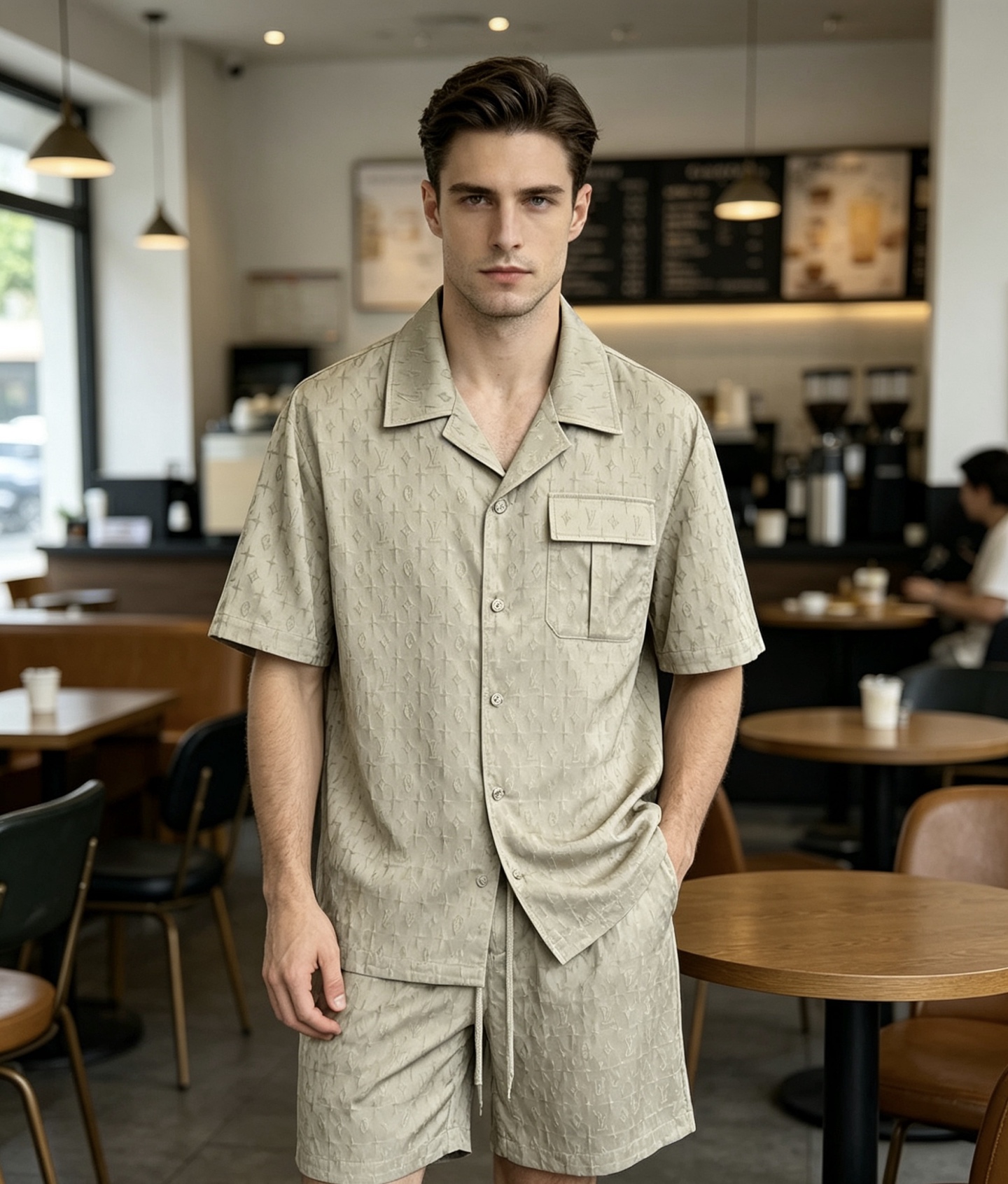 NO:833657,When the soft light of the cafe spreads over the shoulder line, the khaki LV Monogram presbyopia blooms on the textured fabric, creating a restrained and gentle elegance. The Cuban collar shirt is paired with shorts of the same series, blending the relaxation of summer and the brand's heritage into daily life. No need for unnecessary expression, LV's low-key embossing on the low-saturated background is the most straightforward style language.,, louis vuitton, shorts, shirts,19860909当咖啡厅的柔光漫过肩线,卡其色LVMonogram老花在肌理面料上,晕染出克制而温润的贵气. 古巴领衬衫搭配同系列短裤,把夏日的松弛与品牌底蕴揉进日常. 无需多余表达,LV在低饱和底色上的低调压纹,就是最直白的格调语言.,,louis vuitton,shorts,shirts,,Men's clothing