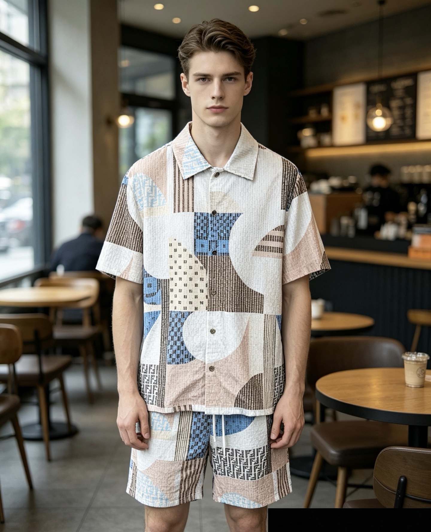 NO:929844,FENDI, founded in 1925, interprets Italian luxury with craftsmanship. This color-blocked FF presbyopia suit combines the brand's classic elements with modern artistic sense. The textured fabric is suitable for summer body, and the neat silhouette modifies the figure. The cool color scheme has its own high-end atmosphere. Whether you are looking sideways at the camera, or holding a coffee while reading a book, you can interpret a unique cool style, and the upper body shows an effortless luxury temperament.,fendi,19860909始于1925年的FENDI,以匠艺诠释意式奢华.这套拼色FF老花套装,将品牌经典元素与现代艺术感结合,肌理面料适配夏日体感,利落版型修饰身形.清冷配色自带高级氛围,无论是侧颜看向镜头,还是手持咖啡看书,都能演绎独有的清冷格调,上身即显不费力的奢感气质,,fendi,,Men's clothing