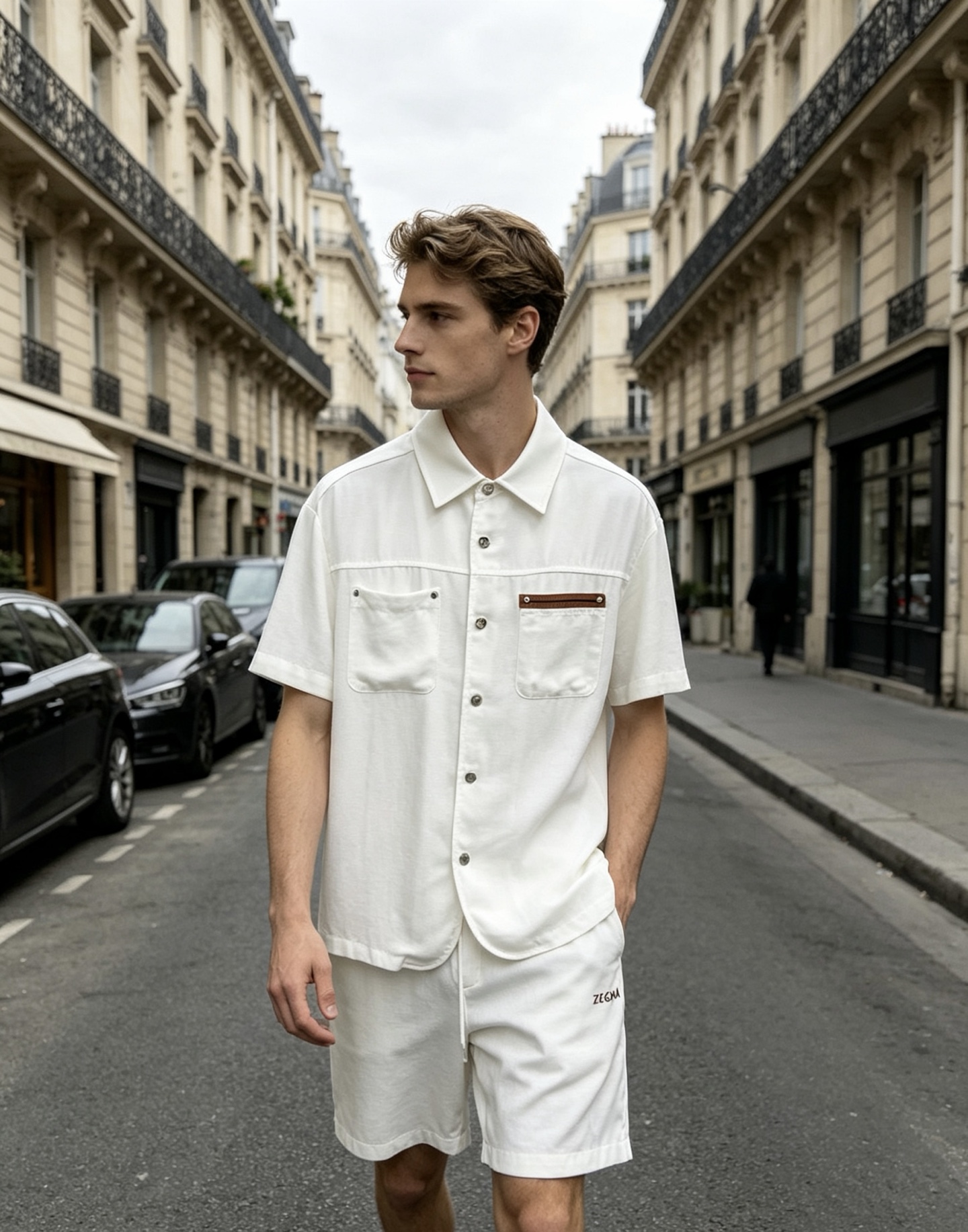 NO:849309,ZEGNA - The low-saturated off-white tone weakens the heat of summer, but amplifies the drape texture of the fabric itself. The iconic brown leather details are looming under natural light, which is a non-noisy identity language. There is no need to deliberately shape, and the elegant gene of ZEGNA is hidden in the relaxed silhouette.,,19860909ZEGNA-低饱和的米白调,弱化了夏日的燥热,却放大了面料本身的垂坠质感. 标志性的棕皮细节,在自然光下若隐若现,是不喧哗的身份语言. 无需刻意造型,松弛的轮廓里,藏着ZEGNA的优雅基因.,,,Men's clothing