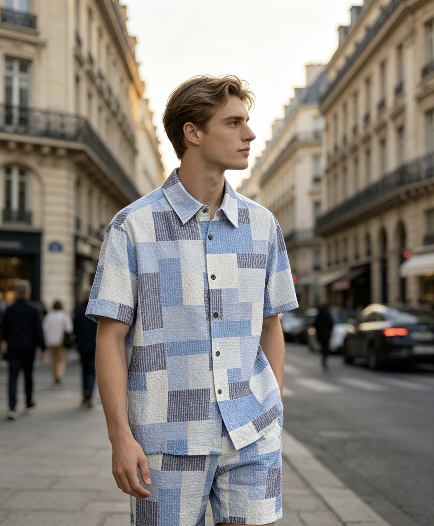 NO:849334,Loewe, founded in 1846, is famous for its craftsmanship and aesthetics. This plaid suit integrates the brand's ultimate pursuit of materials into daily wear. The geometric splicing in blue, white and gray tones has a cool artistic sense, and the textured fabric is suitable for the summer body. The dropped silhouette modifies the body shape. It is not only a set of clothes, but also a carrier of LOEWE's low-luxury aesthetics. The upper body has a relaxed and high-end sense, allowing every daily scene to interpret a unique dressing style.,,loewe,loewe,19860909始于1846年的罗意威,以匠艺与美学著称.这套格纹套装,将品牌对材质的极致追求融入日常穿搭.蓝白灰调的几何拼接自带清冷艺术感,肌理感面料适配夏日体感,利落版型修饰身形.它不仅是一套衣服,更是LOEWE低奢美学的载体,上身自带松弛高级感,让每一个日常场景,都能演绎独有的穿搭格调.,,loewe,loewe,,Men's clothing