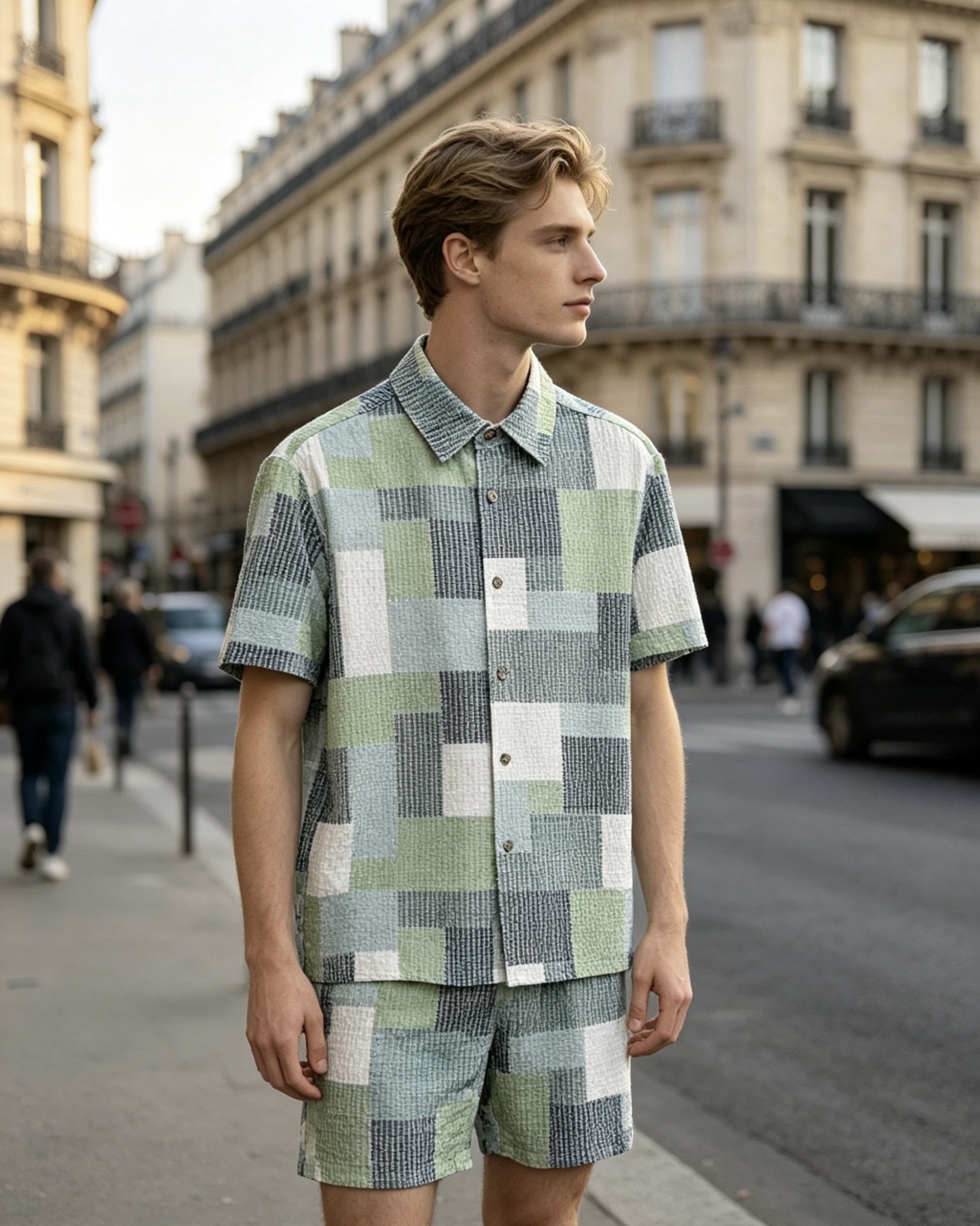 NO:849336,Loewe, founded in 1846, is famous for its craftsmanship and aesthetics. This plaid suit integrates the brand's ultimate pursuit of materials into daily wear. The geometric splicing in green, white and gray tones brings a cool artistic sense, and the textured fabric adapts to the summer body feel. The dropped silhouette modifies the body shape. It is not only a set of clothes, but also a carrier of LOEWE's low-luxury aesthetics. The upper body has a relaxed and high-end sense, allowing every daily scene to interpret a unique dressing style.,,loewe,loewe,19860909始于1846年的罗意威,以匠艺与美学著称.这套格纹套装,将品牌对材质的极致追求融入日常穿搭.绿白灰调的几何拼接自带清冷艺术感,肌理感面料适配夏日体感,利落版型修饰身形.它不仅是一套衣服,更是LOEWE低奢美学的载体,上身自带松弛高级感,让每一个日常场景,都能演绎独有的穿搭格调.,,loewe,loewe,,Men's clothing