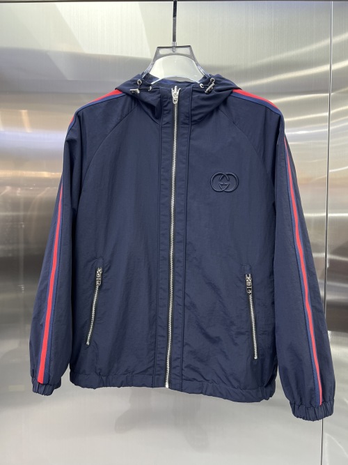 Gucci Men's Navy Blue Hooded Jacket with Red and Blue Stripe Detail