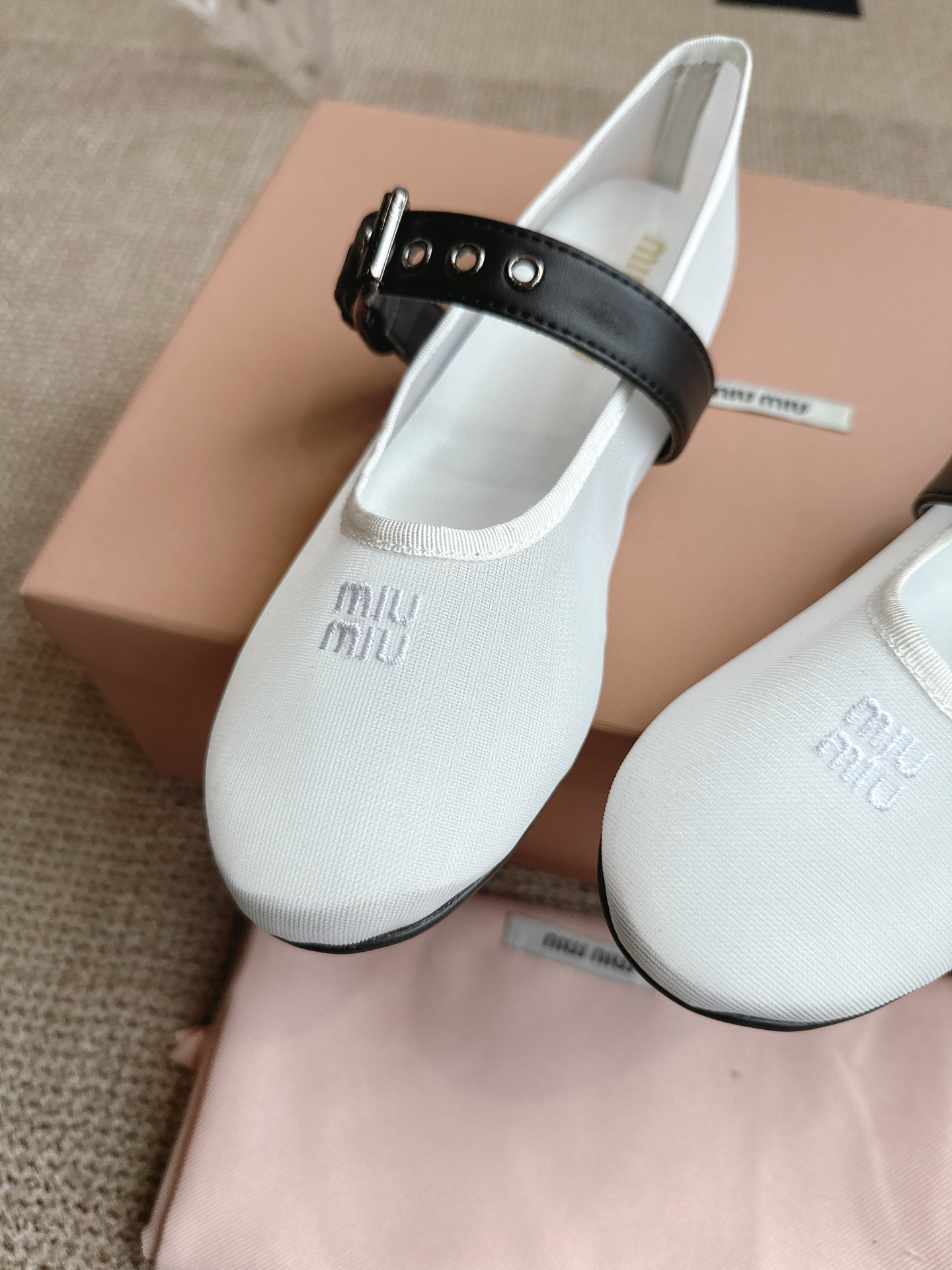 Miu Miu Women's White Mesh Ballerina Flats with Black Strap 8 i1746416299917 9296 0 6